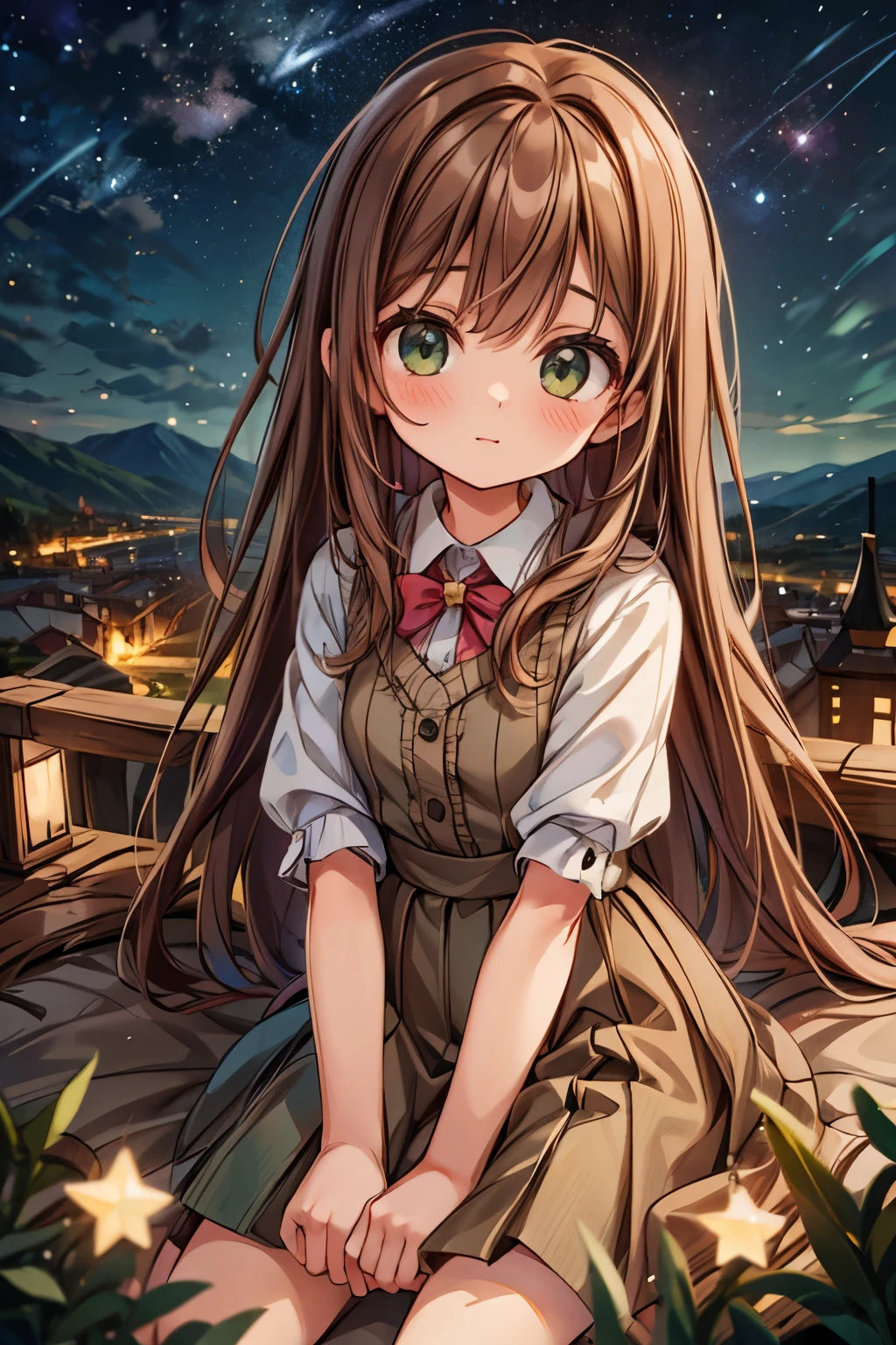 A girl with long brown hair dark green eyes looks down from a hill at the city below, her friends are near her. city lights, twilight, starry sky