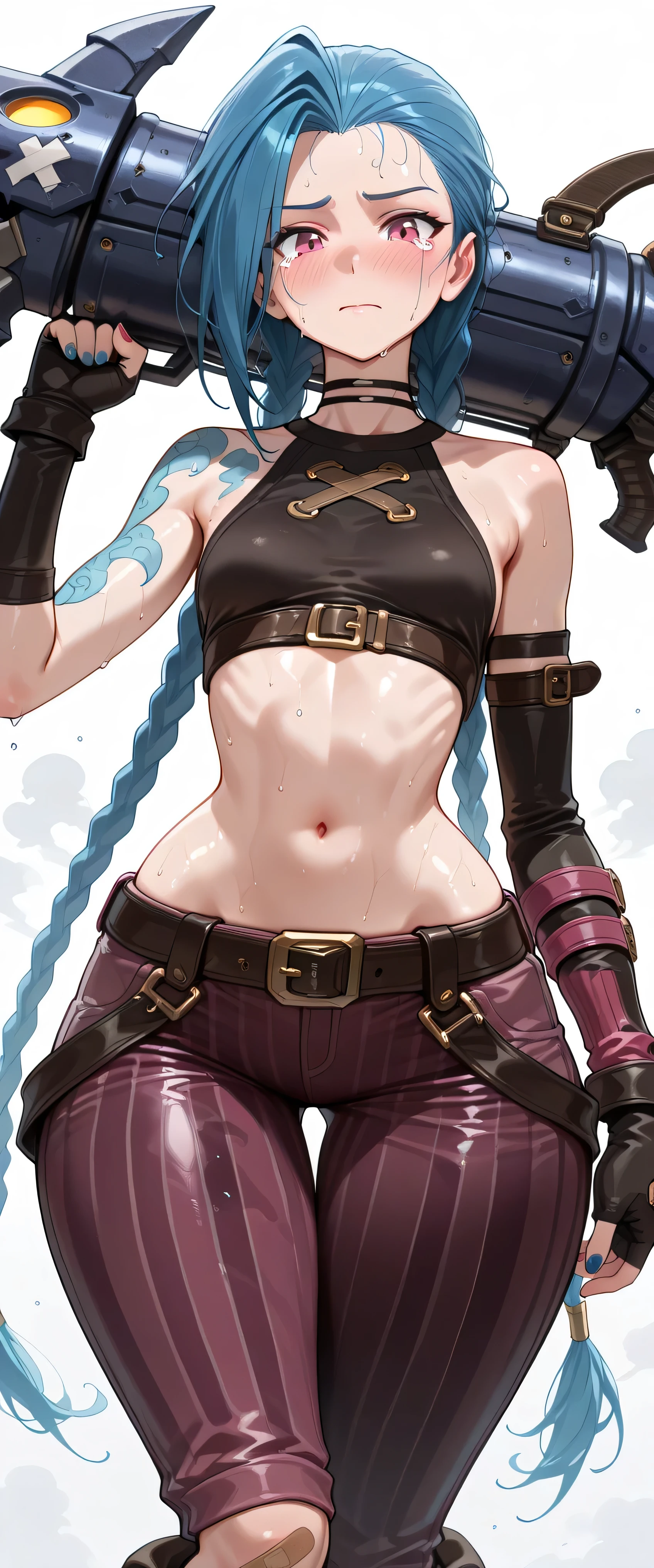 JnxPwdr, 1girl, solo, pink eyes, tears from eyes, hot, steaming, steaming body, sweat, sweating, sweaty, sweaty body, wet, wet body, dripping, dripping sweat, blushing, embarrassed, nervous, sad, closed mouth, (((white background))), looking at viewer, cowboy shot, standing, dynamic pose, small breasts, long hair, twin braids, bare shoulders, choker, crop top, fingerless gloves, detached sleeves, single sleeve, midriff, belt, nail polish, tattoo, bandaid on leg, (((pants))), boots, striped, white x on chest, round butt, slim waist, skinny waist, (((wide hips))), (((wide thigh gap))), masterpiece, best quality, amazing quality, very aesthetic, absurdres, newest, holding rocket launcher