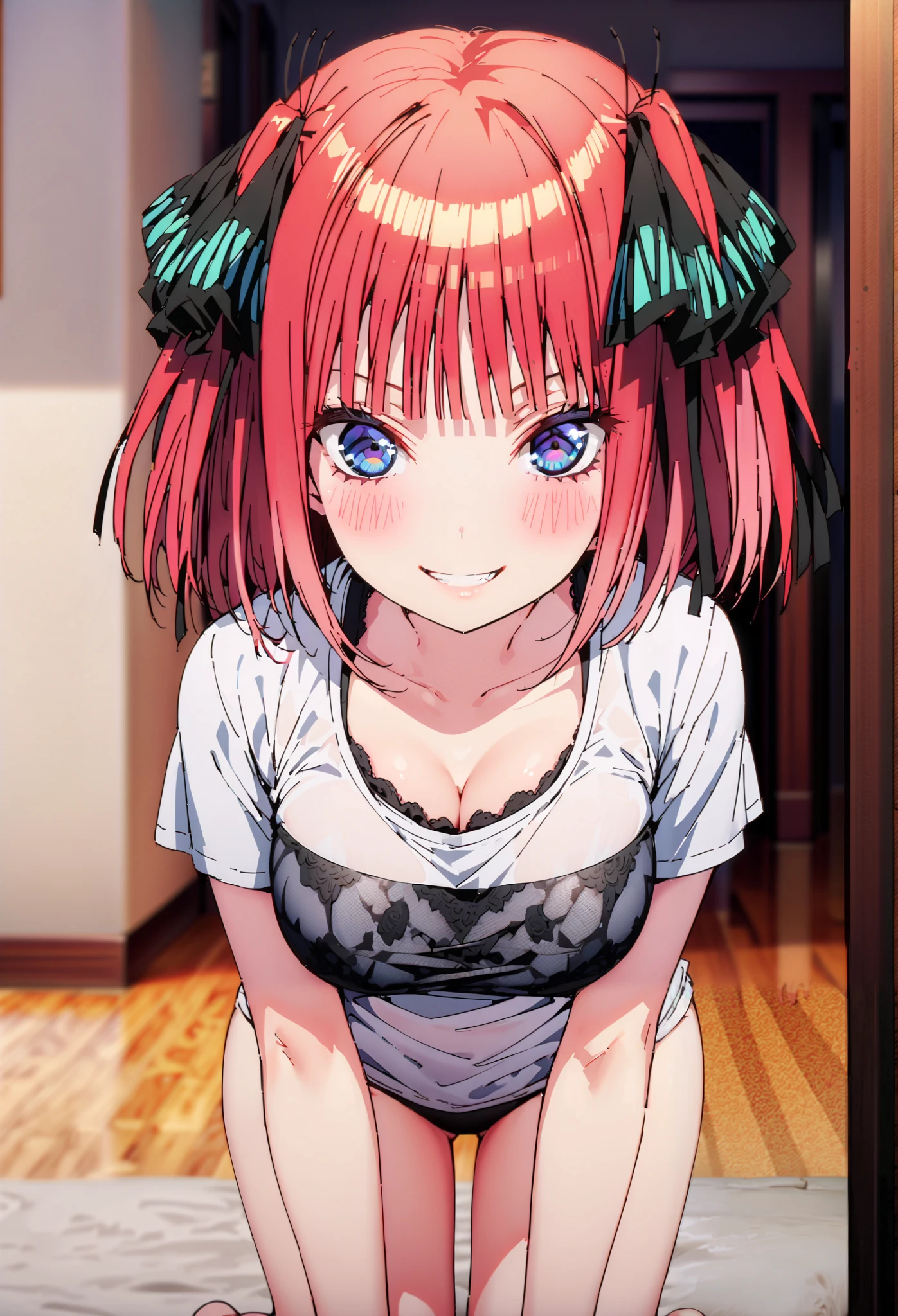 Nijino Nino , short hair, bangs, blue eyes, hair ornaments close to the garden, hair bow, pink hair, blunt bangs, two side up, butterfly hair ornaments close to the garden,smile,blush, grin ,Black string underwear ,Big Breasts, Chest Valley, slouching forward, down blouse that shifts the chest, loose t-shirt ,Bare legs, Interior , beautiful scenery,morning,Jiebing,so that the whole body is in the illustration, break indoors, bedroom,
break looking at viewer,
break (masterpiece:1.2),Highest quality , kampala, Unity 8K Wallpaper ,(shape:0.8),( fine, beautiful eyes :1.6),It's a person , full body photo,CG Details , (perfect hands, complete anatomy),