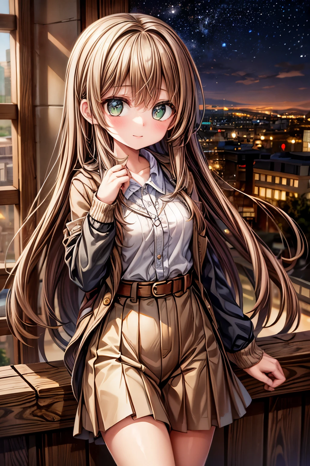A girl with long brown hair dark green eyes looks down from a hill at the city below, her friends are near her. city lights, twilight, starry sky