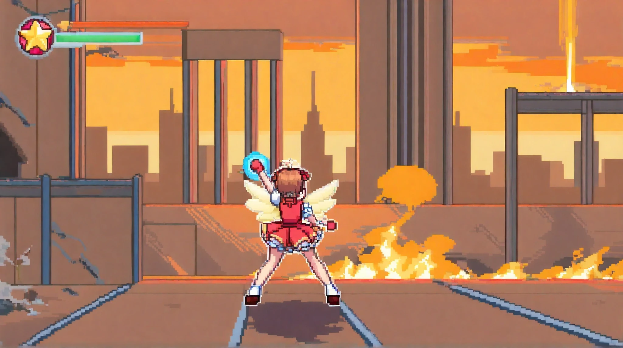 masterpiece, newest, absurdres, safe, kinomoto sakura, Sakura card captors, magic girl uniform, retro game, platform game, sunset, city, pixel art, smoke, health bar, fight pose