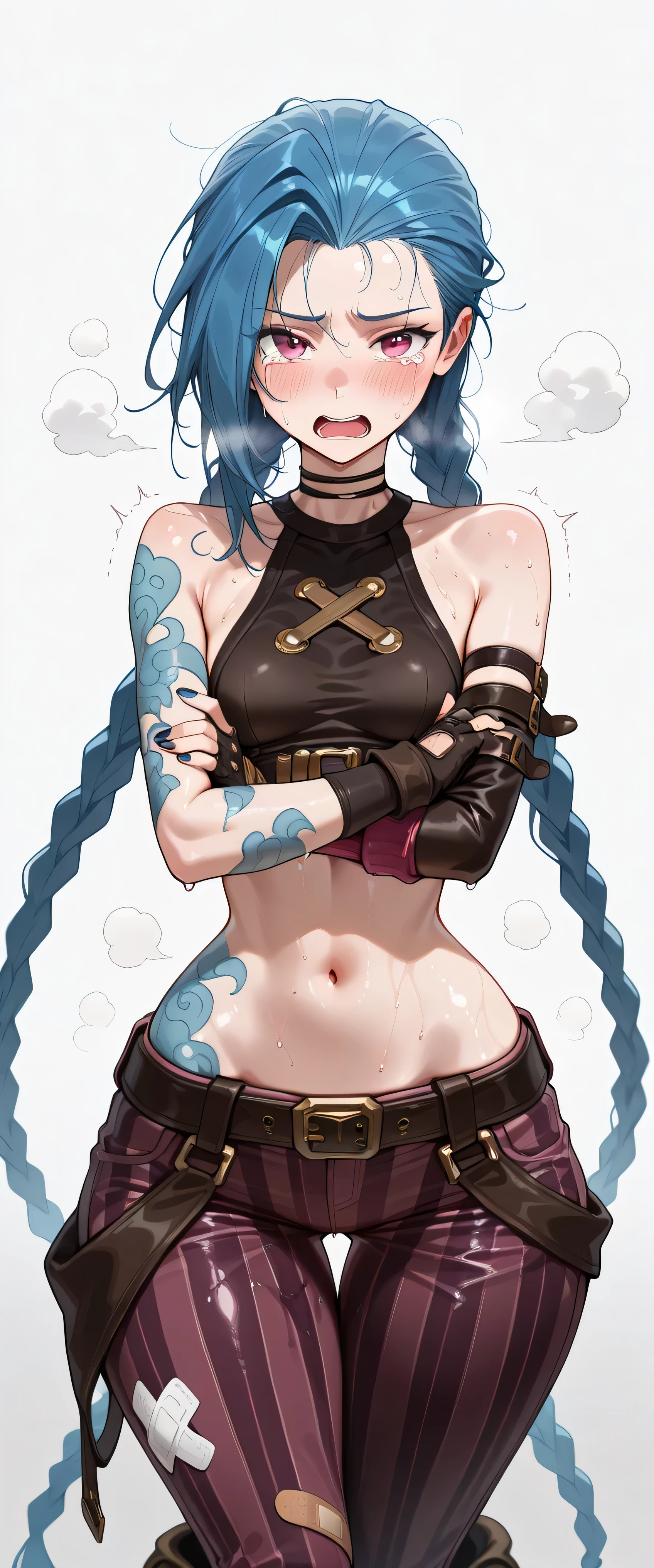 JnxPwdr, 1girl, solo, pink eyes, tears from eyes, crying, hot, steaming, steaming body, sweat, sweating, sweaty, sweaty body, wet, wet body, dripping, dripping sweat, blushing, embarrassed, nervous, sad, open mouth, (((white background))), looking at viewer, cowboy shot, standing, dynamic pose, small breasts, long hair, twin braids, bare shoulders, choker, crop top, fingerless gloves, detached sleeves, single sleeve, midriff, belt, nail polish, tattoo, bandaid on leg, (((pants))), boots, striped, white x on chest, round butt, slim waist, skinny waist, (((wide hips))), (((wide thigh gap))), masterpiece, best quality, amazing quality, very aesthetic, absurdres, newest, arms crossed