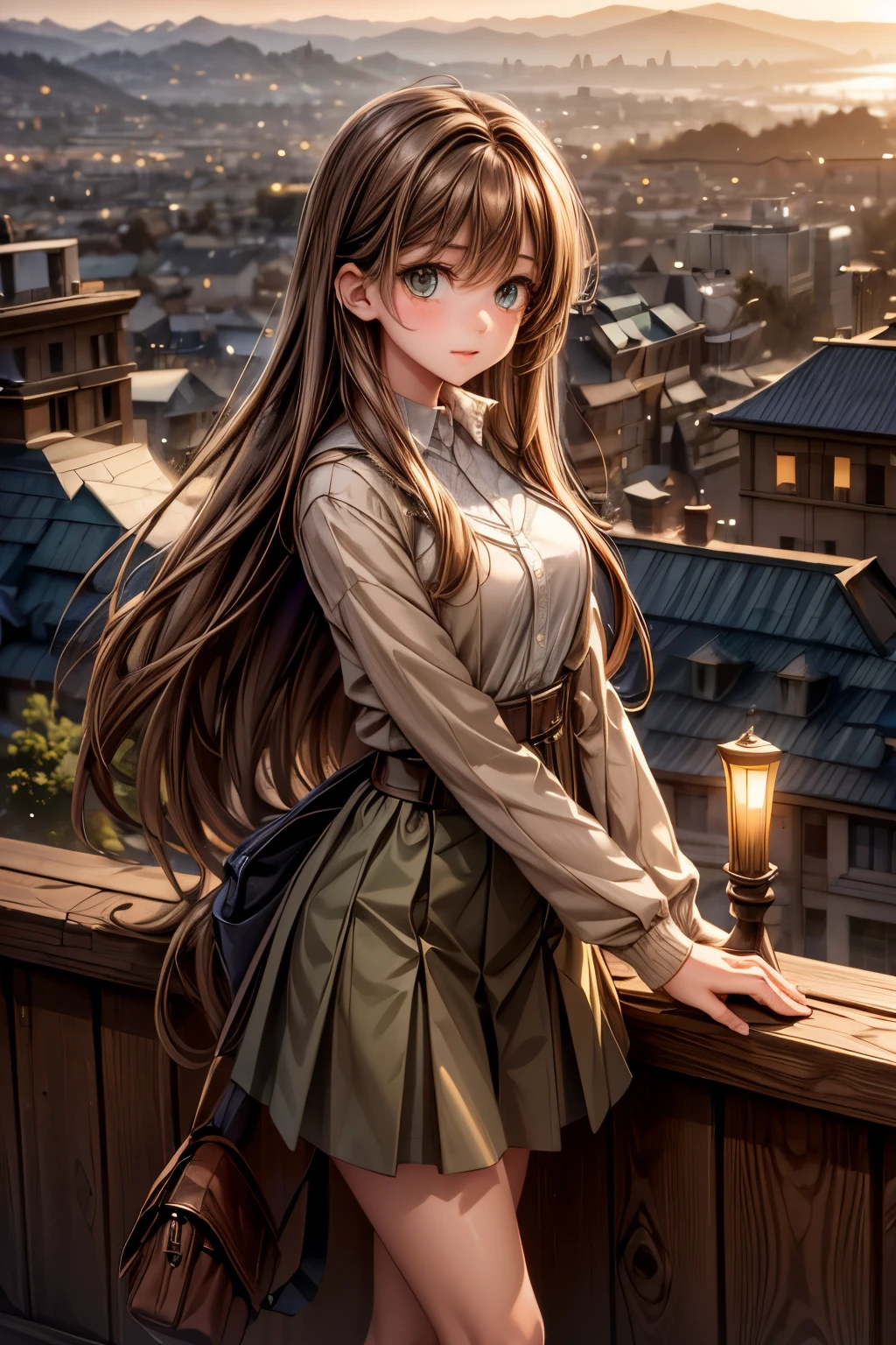 A girl with long brown hair dark green eyes looks down from a hill at the city below, her friends are near her. city lights, twilight, starry sky