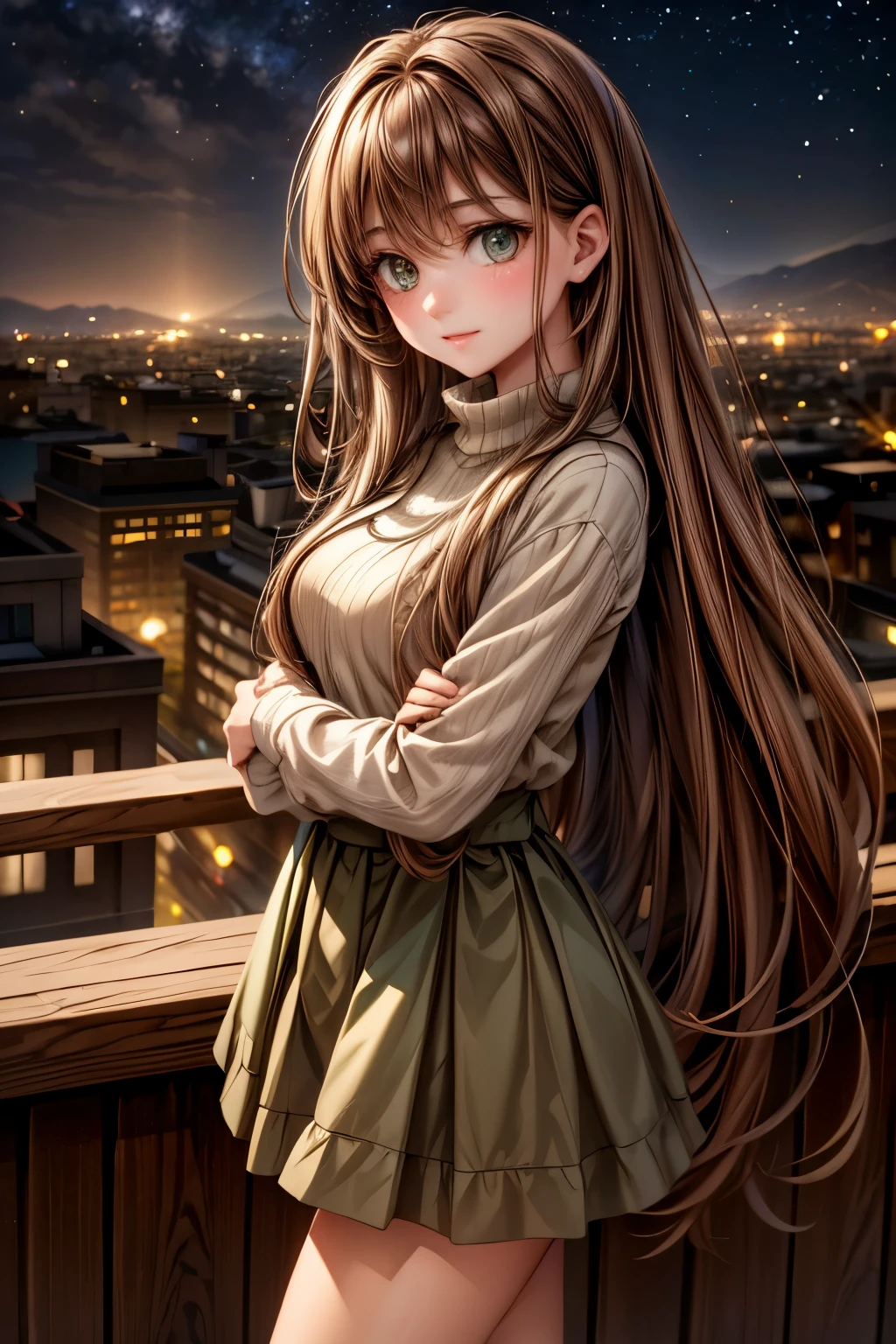 A girl with long brown hair dark green eyes looks down from a hill at the city below, her friends are near her. city lights, twilight, starry sky