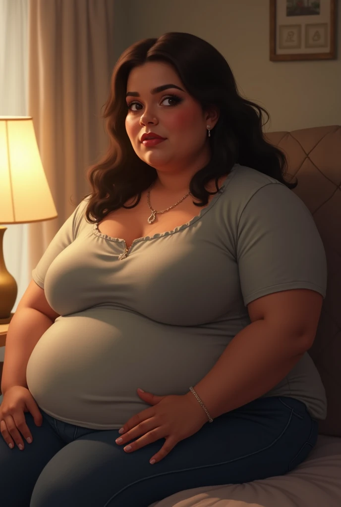 A woman between the ages of 50 and 67, with blonde and black hair. She has big breasts and a little saggy, a body with rounded and voluptuous features, and a rounded face. She was wearing a nightgown or something similar. Her expression should reflect a striking presence, but not necessarily authoritarian.