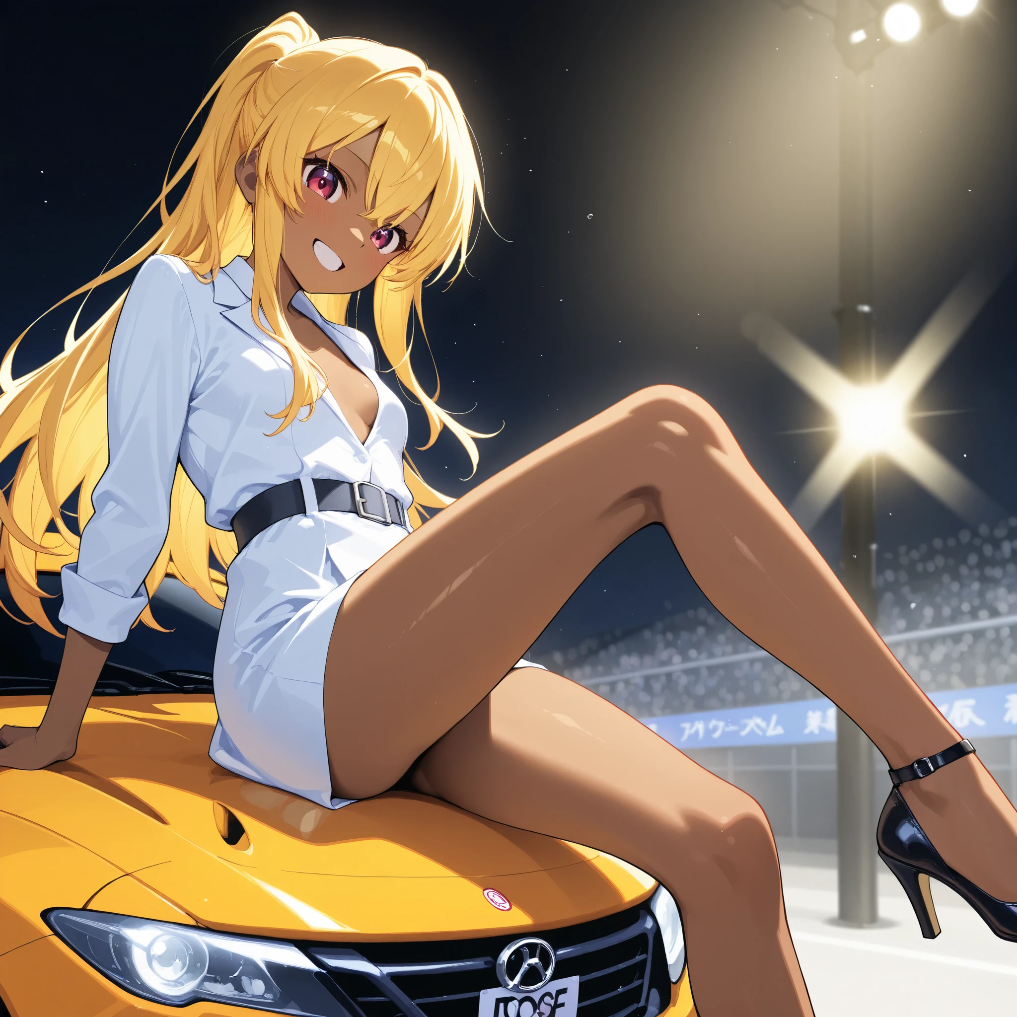 A high school girl is riding a Honda repsol MotoGP , brown skin , small breasts, video, yellow hair , Invitation , top quality, textured skin, high heels、 MOVIE LIGHT EFFECT,