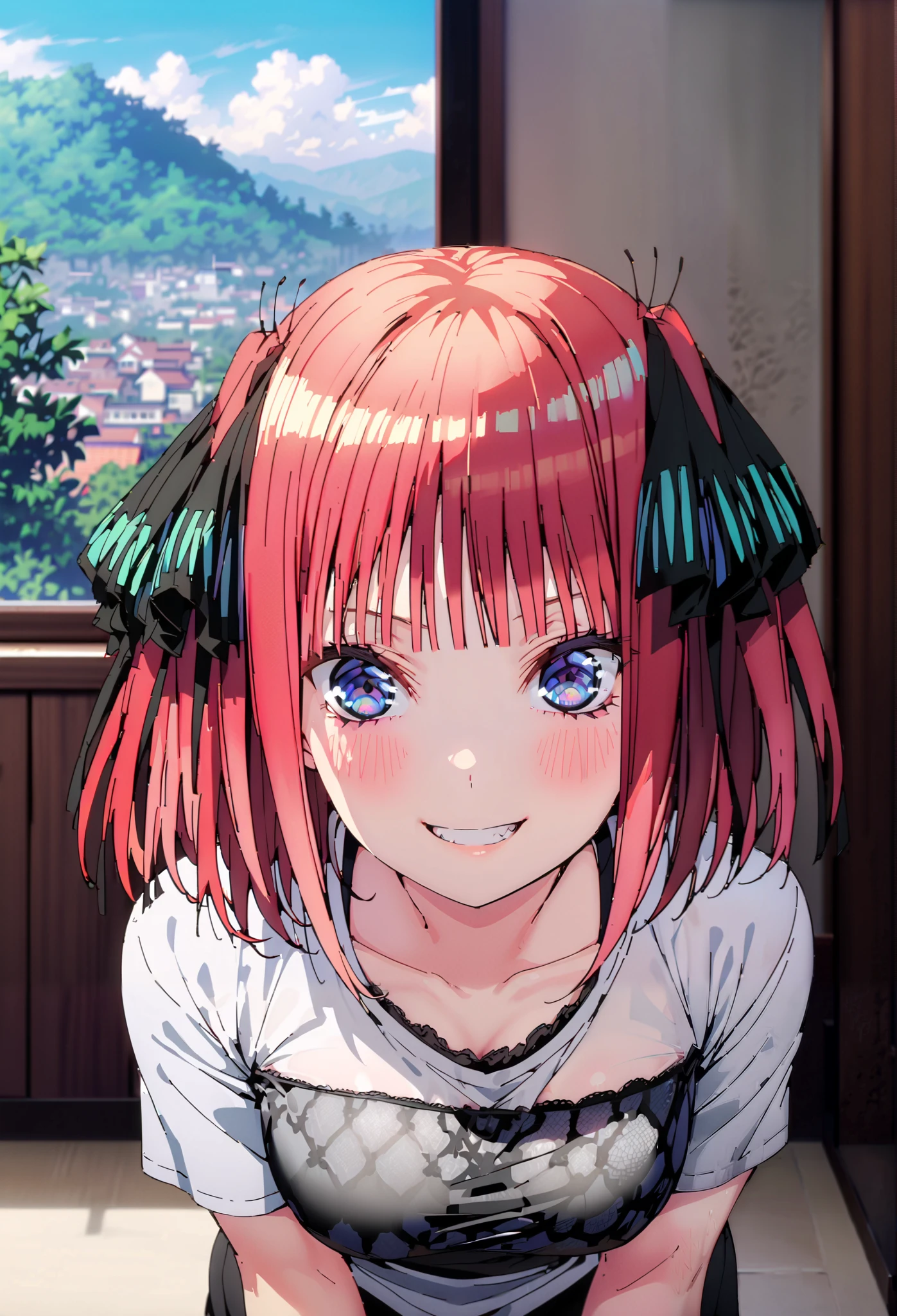 Nijino Nino , short hair, bangs, blue eyes, hair ornaments close to the garden, hair bow, pink hair, blunt bangs, two side up, butterfly hair ornaments close to the garden,smile,blush, grin ,Black string underwear ,Big Breasts, Chest Valley, slouching forward, down blouse that shifts the chest, loose t-shirt ,Bare legs, Interior , beautiful scenery,morning,Jiebing,so that the whole body is in the illustration, break indoors, bedroom,
break looking at viewer,
break (masterpiece:1.2),Highest quality , kampala, Unity 8K Wallpaper ,(shape:0.8),( fine, beautiful eyes :1.6),It's a person , full body photo,CG Details , (perfect hands, complete anatomy),