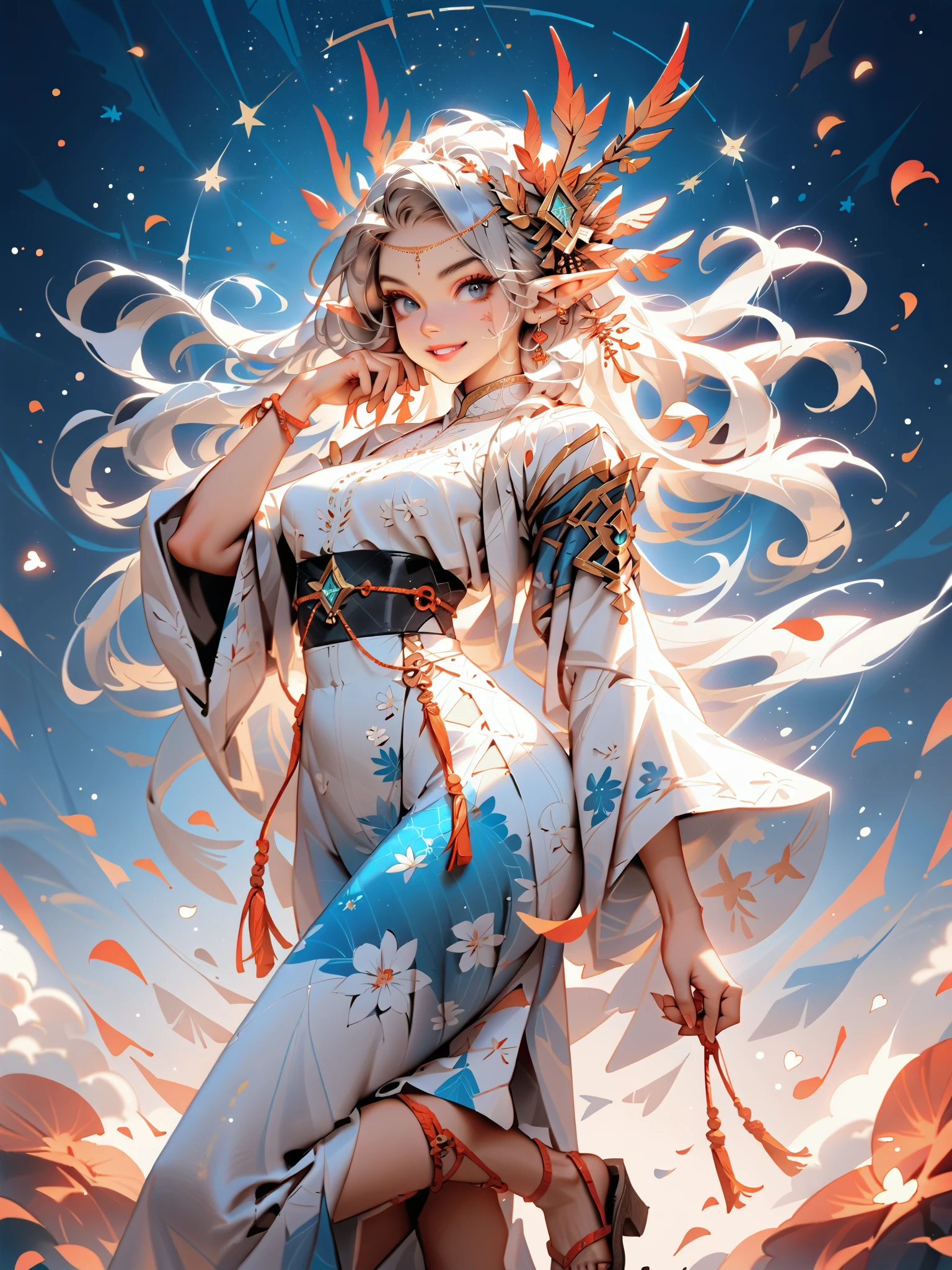dynamic pose(Foldable Silk Fanを優雅に開き、dancing Japanese dance)、(Aerial Creature Summoning、Revolving Flight、One Phoenix)、young age beauty(A deep smile,Gray Hair, elf ears,slender figure,supple and curved proportions that glow in Prism School's rainbow colors)A large amount of rainbow-colored particles swirl around the center。
(Foldable Silk Fan)、(Summon Gorgeous Gold Thread Embroidered Cherry Blossoms and Auspicious Patterns、The finest red silk kimono、)Gold-embellished hairpin、Sandals。
Weeping cherry blossoms 、Cherry blossom petals soar in large numbers,Jet black night sky 、starry sky。
An anime picture that looks like it was drawn by a top illustrator。