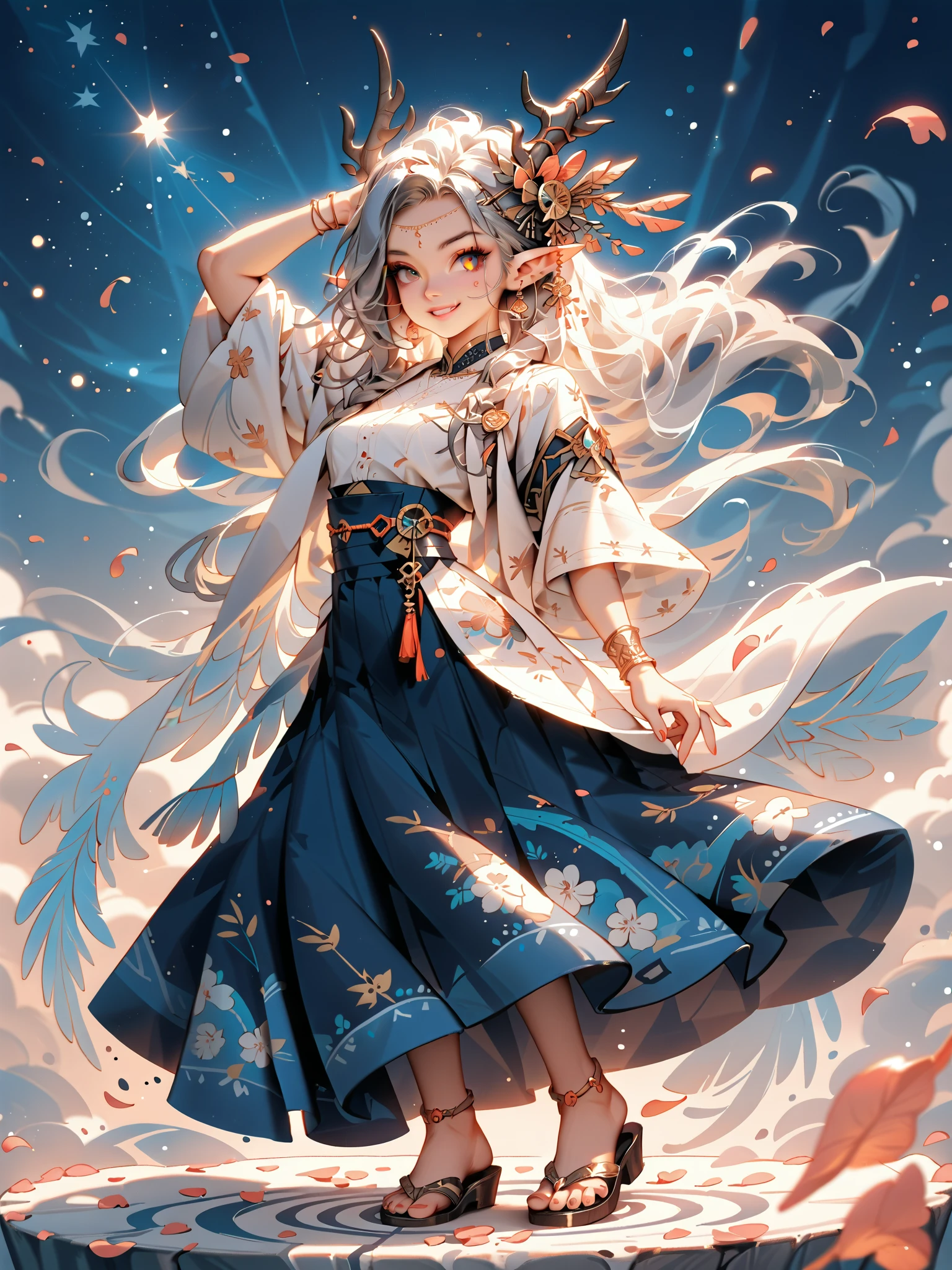 dynamic pose(Foldable Silk Fanを優雅に開き、dancing Japanese dance)、(Aerial Creature Summoning、Revolving Flight、One Phoenix)、young age beauty(A deep smile,Gray Hair, elf ears,slender figure,supple and curved proportions that glow in Prism School's rainbow colors)A large amount of rainbow-colored particles swirl around the center。
(Foldable Silk Fan)、(Summon Gorgeous Gold Thread Embroidered Cherry Blossoms and Auspicious Patterns、The finest red silk kimono、)Gold-embellished hairpin、Sandals。
Weeping cherry blossoms 、Cherry blossom petals soar in large numbers,Jet black night sky 、starry sky。
An anime picture that looks like it was drawn by a top illustrator。