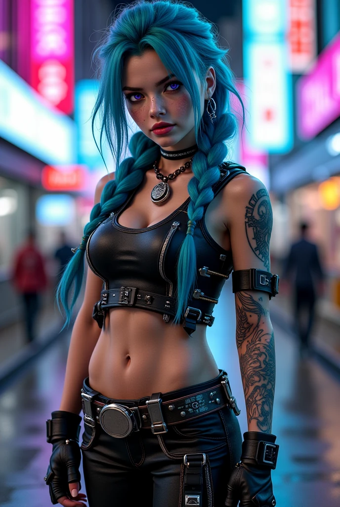 western woman in her early 30's with blue hair. small waist big hips and breasts. lots and lots of tattoos covering everywhere. green eyes with targeters for pupils. attitude. cyberpunk clothing, including trousers. gothic theme aboard a space ship in engineering, head shaved down one side