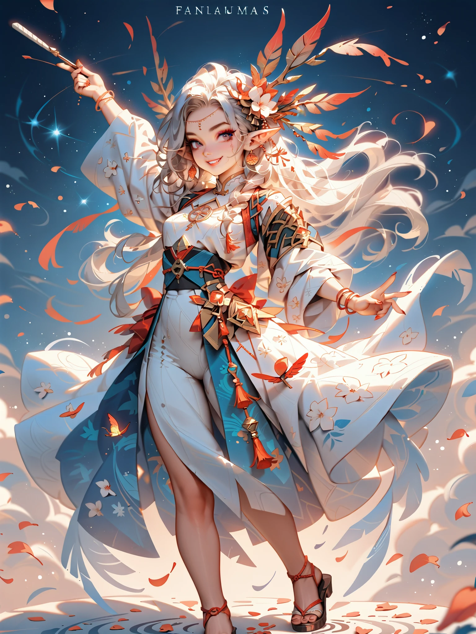dynamic pose(Foldable Silk Fanを優雅に開き、dancing Japanese dance)、(Aerial Creature Summoning、Revolving Flight、One Phoenix)、young age beauty(A deep smile,Gray Hair, elf ears,slender figure,supple and curved proportions that glow in Prism School's rainbow colors)A large amount of rainbow-colored particles swirl around the center。
(Foldable Silk Fan)、(Summon Gorgeous Gold Thread Embroidered Cherry Blossoms and Auspicious Patterns、The finest red silk kimono、)Gold-embellished hairpin、Sandals。
Weeping cherry blossoms 、Cherry blossom petals soar in large numbers,Jet black night sky 、starry sky。
An anime picture that looks like it was drawn by a top illustrator。