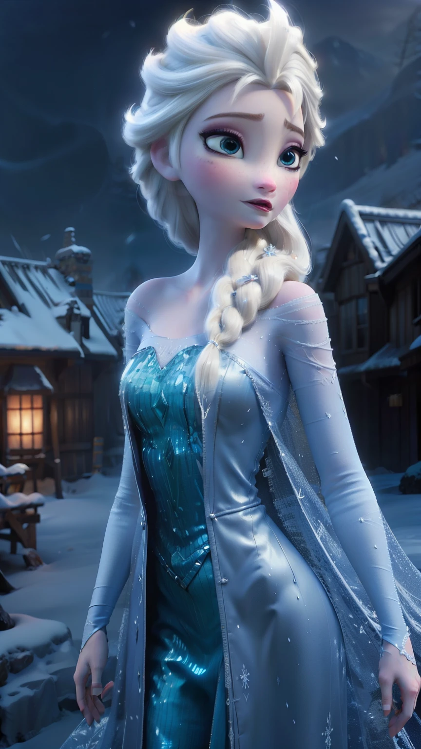 8k,high quality,scenery,mid shot,Beautiful goddess of ice and snow, Snow white and smooth skin,exquisite and beautiful face,slender body,huge breasts,long legs,medium hipbone,Ice mage, ice element, Intricate design and details, weird mist, cold, Blizzard storm, Summon Ice Spell, cast ice spell, Realistic ice effects, Snow grains, fantasy art style, city ruins, dramatic lighting, Normal