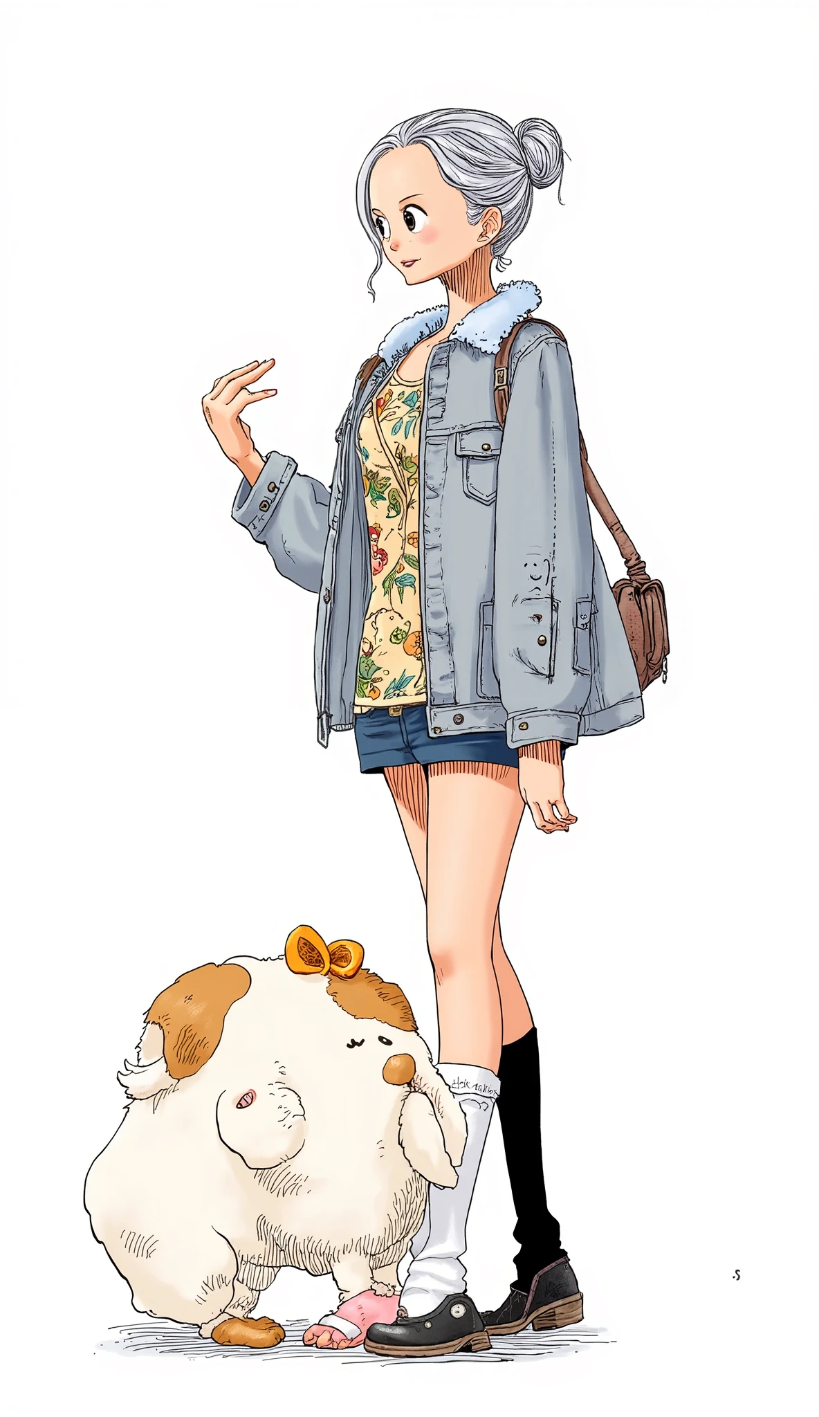 girl、background is stark white、on3pi3c3styl3、ground、pastel collar、Easy-to-read illustrations、 detailed hands、 Details、Perfect piece、HIGH QUALITY、32K、Alone、alone、 perfect eyes、detailed eyes、beautiful faces、HIGH QUALITYな顔、(full body:1.8)、(Big Breasts:1.4)、cartoon dress character design、(perfect face:1.6)、(Beauty:1.8)、detailed illustration、Fine Lines、 nice smile、Portrait Photography、 cute illustrations、( older woman 、(gray)hair、One side up hairstyle、 Hawaiian shirt 、(gray) jacket、denim miniskirt、grim Reaper、grim Reaperの鎌)