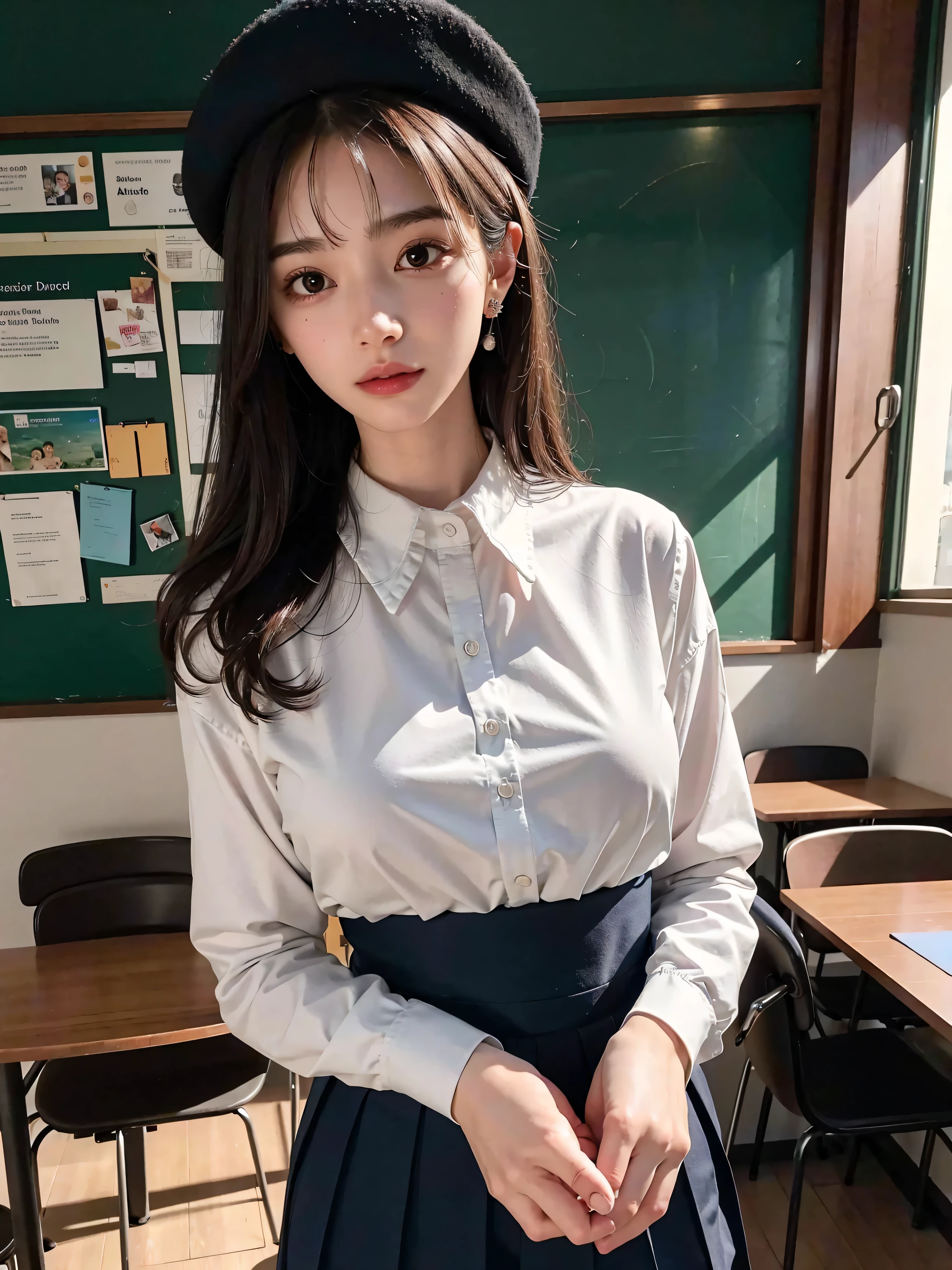 (masterpiece:1.2, best quality), (realistic pictures), beautiful illustration, ( natural side lighting , Cinema Lighting),(1 girl), Japanese,  20-year-old female, perfect face,  symmetrical cute face, Glowing Skins, black hair、 straight long hair、 flowing bangs 、dark blue eyes, (Big Breasts:1.2), slender figure、beautiful hair, beautiful face,  thin and beautiful eyes, beautiful body, beautiful breasts,( white collared shirt、black ribbon、Navy Blue Pleated Skirt、black tights)、smile、blanking of experiences、cherry blossoms、spring、riverside road 、birdie、stand、river