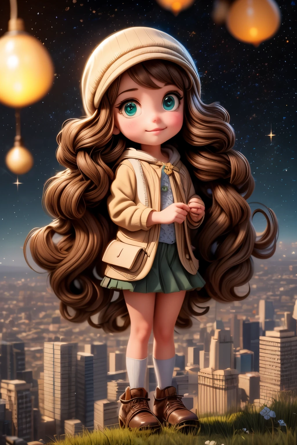 A girl with long brown hair dark green eyes looks down from a hill at the city below, her friends are near her. city lights, twilight, starry sky