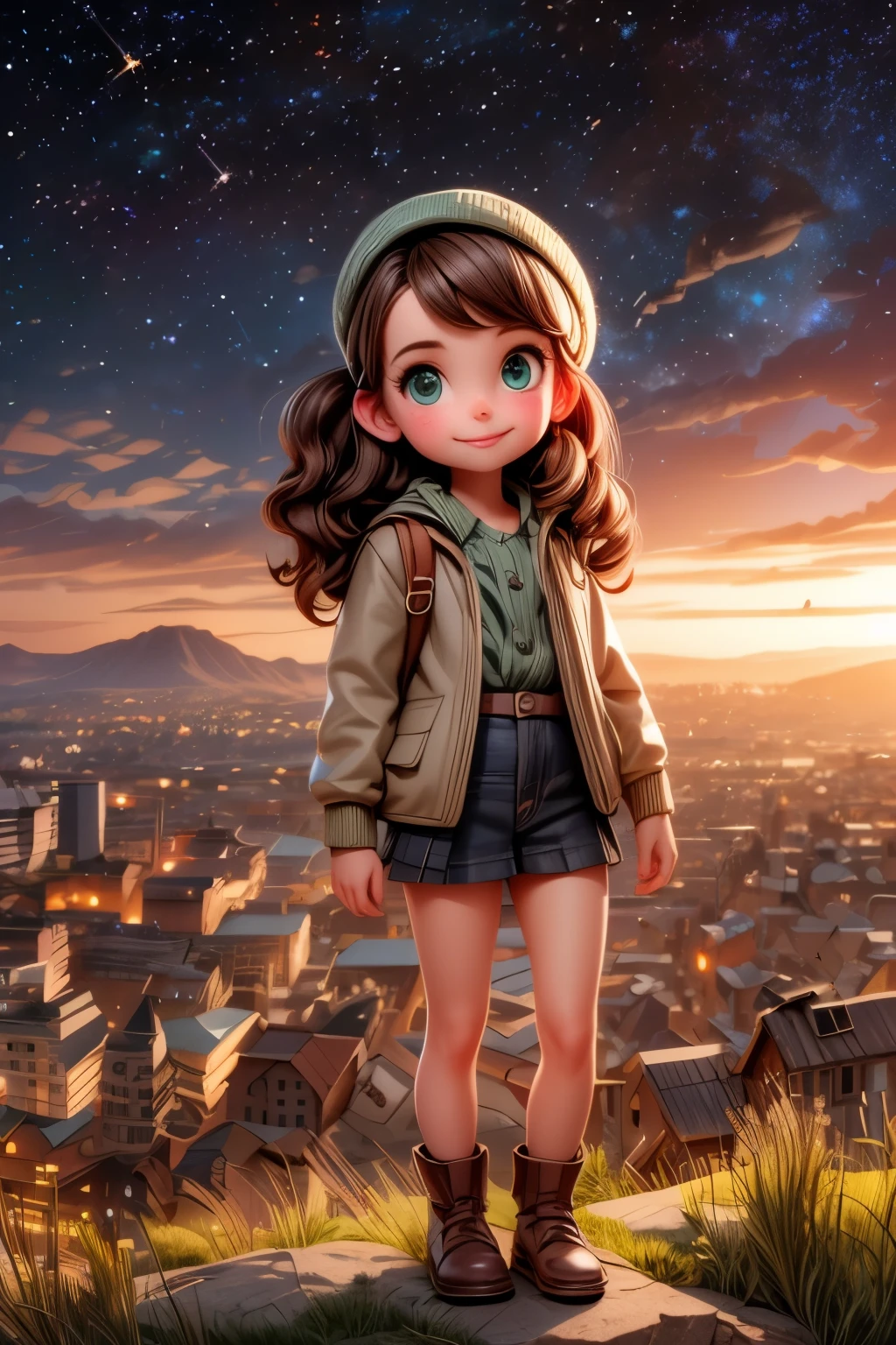 A girl with long brown hair dark green eyes looks down from a hill at the city below, her friends are near her. city lights, twilight, starry sky