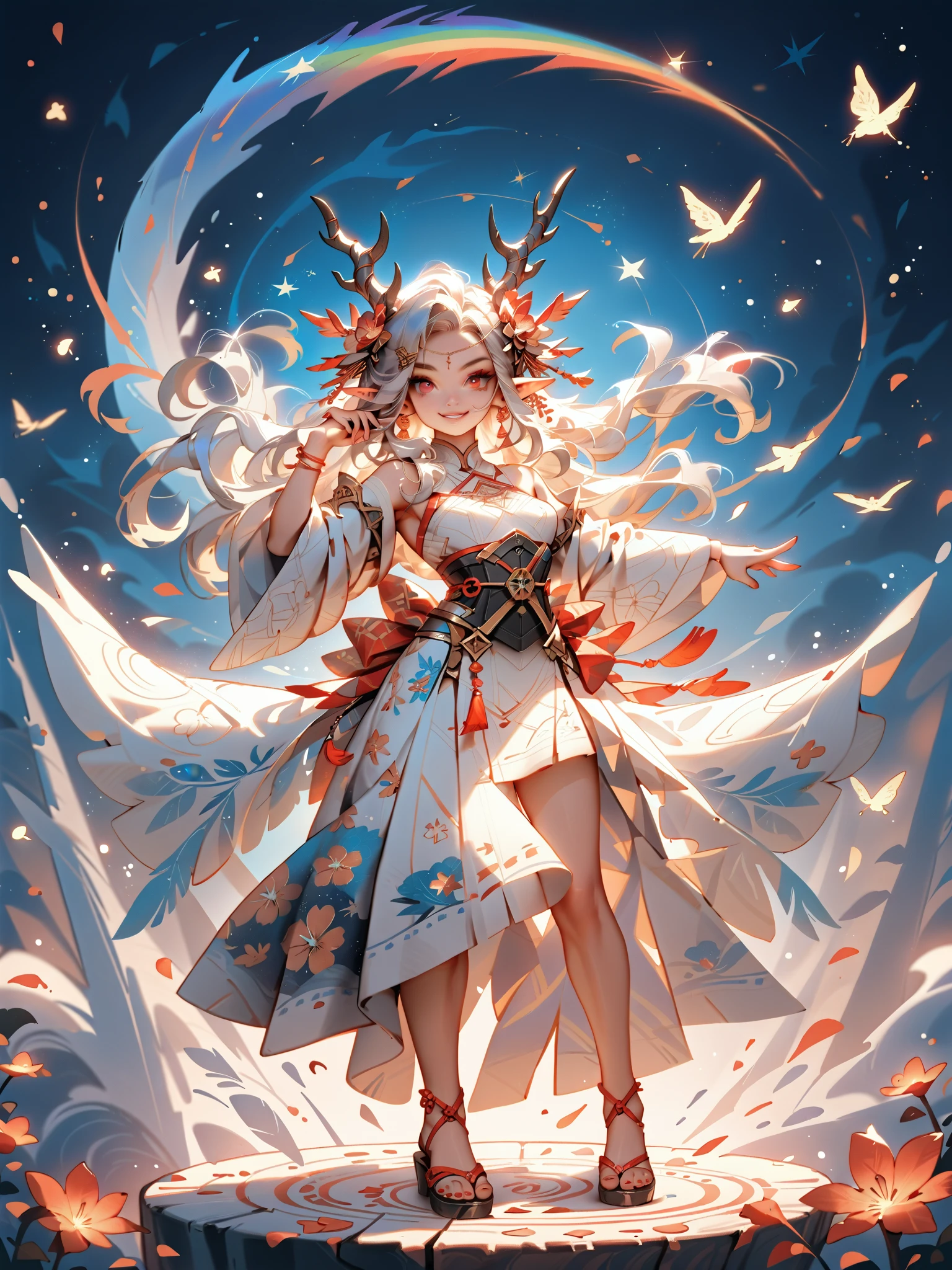 dynamic pose(Foldable Silk Fanを優雅に開き、dancing Japanese dance)、(Aerial Creature Summoning、Revolving Flight、One Phoenix)、young age beauty(A deep smile,Gray Hair, elf ears,slender figure,supple and curved proportions that glow in Prism School's rainbow colors)A large amount of rainbow-colored particles swirl around the center。
(Foldable Silk Fan)、(Summon Gorgeous Gold Thread Embroidered Cherry Blossoms and Auspicious Patterns、The finest red silk kimono、)Gold-embellished hairpin、Sandals。
Weeping cherry blossoms 、Cherry blossom petals soar in large numbers,Jet black night sky 、starry sky。
An anime picture that looks like it was drawn by a top illustrator。