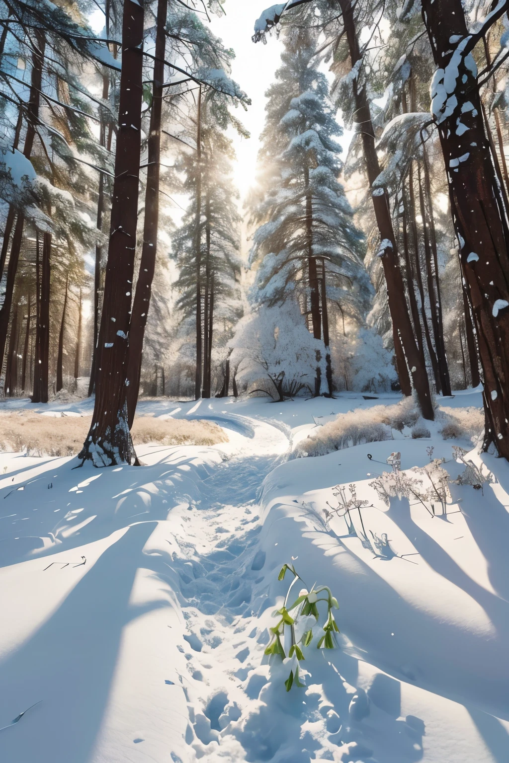 A quiet forest, covered in a blanket of white snow. Winter is slowly giving way to spring. The sun's rays filter through the trees, gently melting the snow. In this enchanting landscape, small snowdrop flowers begin to peep out from the ground, breaking the snow with their delicate white petals. As the snow melts, the snowdrops bloom in all their splendor, creating a carpet of flowers in the awakening forest. The birds begin to chirp, and a light wind carries the scent of advancing spring. The scene is a hymn to rebirth and the beauty of nature awakening after the long winter