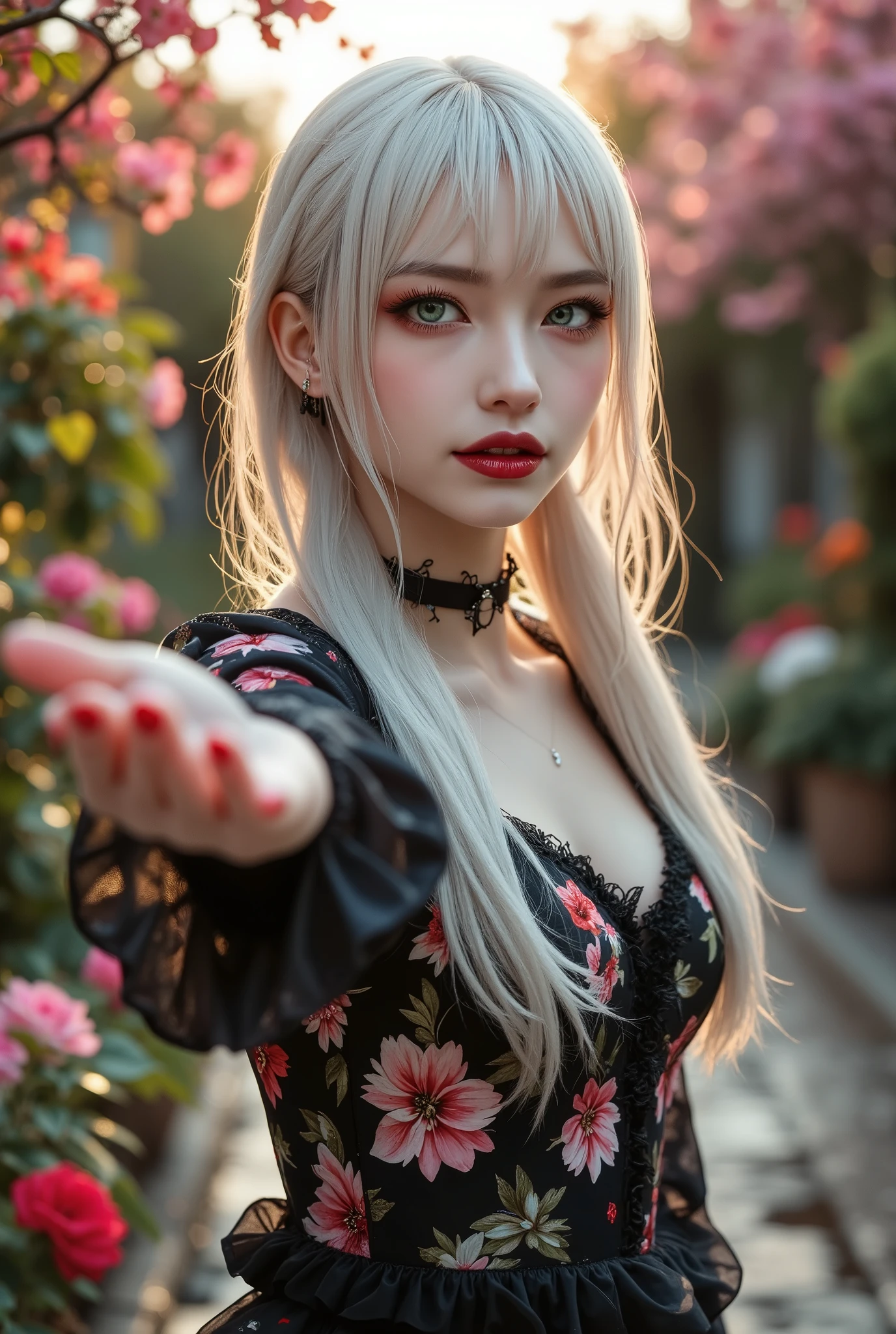  [Style: "masterpiece, realistic (Photorealistic realism), Hyper high resolution, (ultra quality, intricately detailed digital art), focus on extremely Realistic Proportion Body"] (Key Directive: "Prioritize anatomical accuracy and material textures") "Portrait of {a woman with, wearing a dress, standing in a garden | ultra realistic texture details: velvety skin, hair}" {Character: "20-year-old white woman" | Face: "symmetrical, pale skin, full lips, red lipstick: 1.15" | Eyes: "((sharp focus, no blurry eyes, Hyper absurd quality, Hyper details, Hyper realistic green eyes:1.4))" - "((extra narrow eyebrows))" - "(Carefully draw Long blue_mascara:1.2)" - "(perfect round eyes)" | Makeup: "detailed lips:1.3, (apply glossy red_lipstick:1.3)" | Hair: "white with pigtails, bangs (setting light reflections: 0.8)" | Pose: "dynamic side position" - "hand is stretched out towards the viewer (inviting hand gesture)" | Outfit: [Top: - "White Dress made of (clothes made of silk and flower, lace fishnet, tight fitting dresses)] [Bottom: "Ruffled Black Gothic Punk Skirt (lace with fishnets, white lace-up)]" - "Ultra intricate detailed ((she is the embodiment of beauty and allure, Dressed in a breathtaking and sophisticated floral bodysuit, elegant and sophisticated fashion:1.2)) | Environment: "garden street at sunset (((rain-slick cobblestones), colorful flowers, cherry blossoms))" | (Post-production: "chromatic aberration: 0.7") (Rendering engine: "Unreal Engine 5 path tracing, 16K texture maps"). The ultra-Highres,Unreal 5,Subsurface scattering,PBR Texturing,Post-Processing,Anisotropic Filtering,depth of fields,Maximum Sharpness and Sharpness,multi-layered texture,Albedo and Specular maps,Surface Shading,Precise simulation of light-material interactions,perfectly proportions,Octane rendering,Two-tone illumination,Wide Aperture, low ISO, white balance, The rule of thirds }