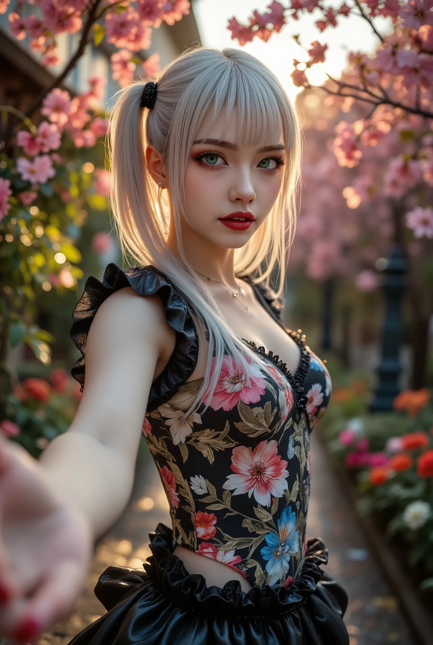  [Style: "masterpiece, realistic (Photorealistic realism), Hyper high resolution, (ultra quality, intricately detailed digital art), focus on extremely Realistic Proportion Body"] (Key Directive: "Prioritize anatomical accuracy and material textures") "Portrait of {a woman with, wearing a dress, standing in a garden | ultra realistic texture details: velvety skin, hair}" {Character: "20-year-old white woman" | Face: "symmetrical, pale skin, full lips, red lipstick: 1.15" | Eyes: "((sharp focus, no blurry eyes, Hyper absurd quality, Hyper details, Hyper realistic green eyes:1.4))" - "((extra narrow eyebrows))" - "(Carefully draw Long blue_mascara:1.2)" - "(perfect round eyes)" | Makeup: "detailed lips:1.3, (apply glossy red_lipstick:1.3)" | Hair: "white with pigtails, bangs (setting light reflections: 0.8)" | Pose: "dynamic side position" - "hand is stretched out towards the viewer (inviting hand gesture)" | Outfit: [Top: - "White Dress made of (clothes made of silk and flower, lace fishnet, tight fitting dresses)] [Bottom: "Ruffled Black Gothic Punk Skirt (lace with fishnets, white lace-up)]" - "Ultra intricate detailed ((she is the embodiment of beauty and allure, Dressed in a breathtaking and sophisticated floral bodysuit, elegant and sophisticated fashion:1.2)) | Environment: "garden street at sunset (((rain-slick cobblestones), colorful flowers, cherry blossoms))" | (Post-production: "chromatic aberration: 0.7") (Rendering engine: "Unreal Engine 5 path tracing, 16K texture maps"). The ultra-Highres,Unreal 5,Subsurface scattering,PBR Texturing,Post-Processing,Anisotropic Filtering,depth of fields,Maximum Sharpness and Sharpness,multi-layered texture,Albedo and Specular maps,Surface Shading,Precise simulation of light-material interactions,perfectly proportions,Octane rendering,Two-tone illumination,Wide Aperture, low ISO, white balance, The rule of thirds }