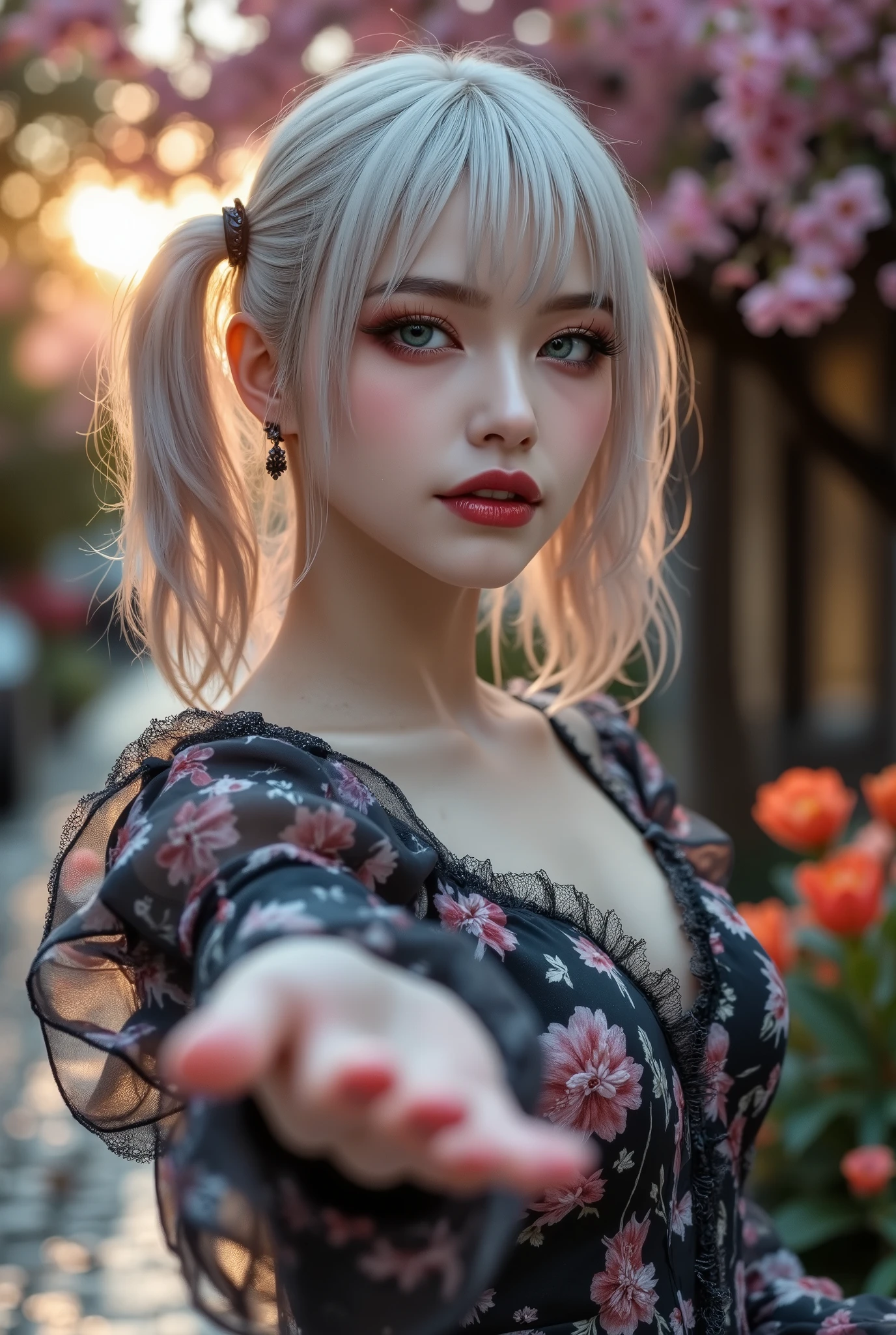  [Style: "masterpiece, realistic (Photorealistic realism), Hyper high resolution, (ultra quality, intricately detailed digital art), focus on extremely Realistic Proportion Body"] (Key Directive: "Prioritize anatomical accuracy and material textures") "Portrait of {a woman with, wearing a dress, standing in a garden | ultra realistic texture details: velvety skin, hair}" {Character: "20-year-old white woman" | Face: "symmetrical, pale skin, full lips, red lipstick: 1.15" | Eyes: "((sharp focus, no blurry eyes, Hyper absurd quality, Hyper details, Hyper realistic green eyes:1.4))" - "((extra narrow eyebrows))" - "(Carefully draw Long blue_mascara:1.2)" - "(perfect round eyes)" | Makeup: "detailed lips:1.3, (apply glossy red_lipstick:1.3)" | Hair: "white with pigtails, bangs (setting light reflections: 0.8)" | Pose: "dynamic side position" - "hand is stretched out towards the viewer (inviting hand gesture)" | Outfit: [Top: - "White Dress made of (clothes made of silk and flower, lace fishnet, tight fitting dresses)] [Bottom: "Ruffled Black Gothic Punk Skirt (lace with fishnets, white lace-up)]" - "Ultra intricate detailed ((she is the embodiment of beauty and allure, Dressed in a breathtaking and sophisticated floral bodysuit, elegant and sophisticated fashion:1.2)) | Environment: "garden street at sunset (((rain-slick cobblestones), colorful flowers, cherry blossoms))" | (Post-production: "chromatic aberration: 0.7") (Rendering engine: "Unreal Engine 5 path tracing, 16K texture maps"). The ultra-Highres,Unreal 5,Subsurface scattering,PBR Texturing,Post-Processing,Anisotropic Filtering,depth of fields,Maximum Sharpness and Sharpness,multi-layered texture,Albedo and Specular maps,Surface Shading,Precise simulation of light-material interactions,perfectly proportions,Octane rendering,Two-tone illumination,Wide Aperture, low ISO, white balance, The rule of thirds }