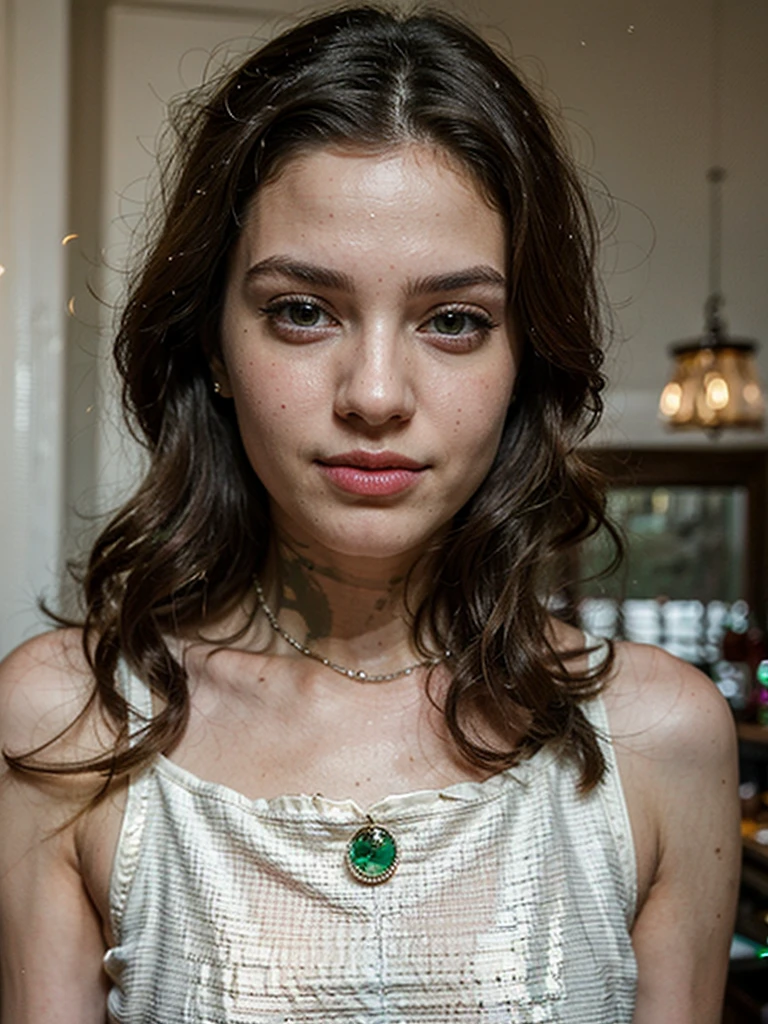 ((best quality)), ((masterpiece)), (detailed), perfect face realistic photo of beautiful woman with long dark brown hair, Russian, influencer, light freckles, dark brown eyes, big lips, no makeup, instagram, wearing a black jacket and green beaded necklace, tumblr, dragon - inspired suit, detail shot, an amalgamation of a snake, peter guthrie, 2 0 2 0 fashion, swarovski, h 576, lapel, sexy :8, detailed picture, detailed image