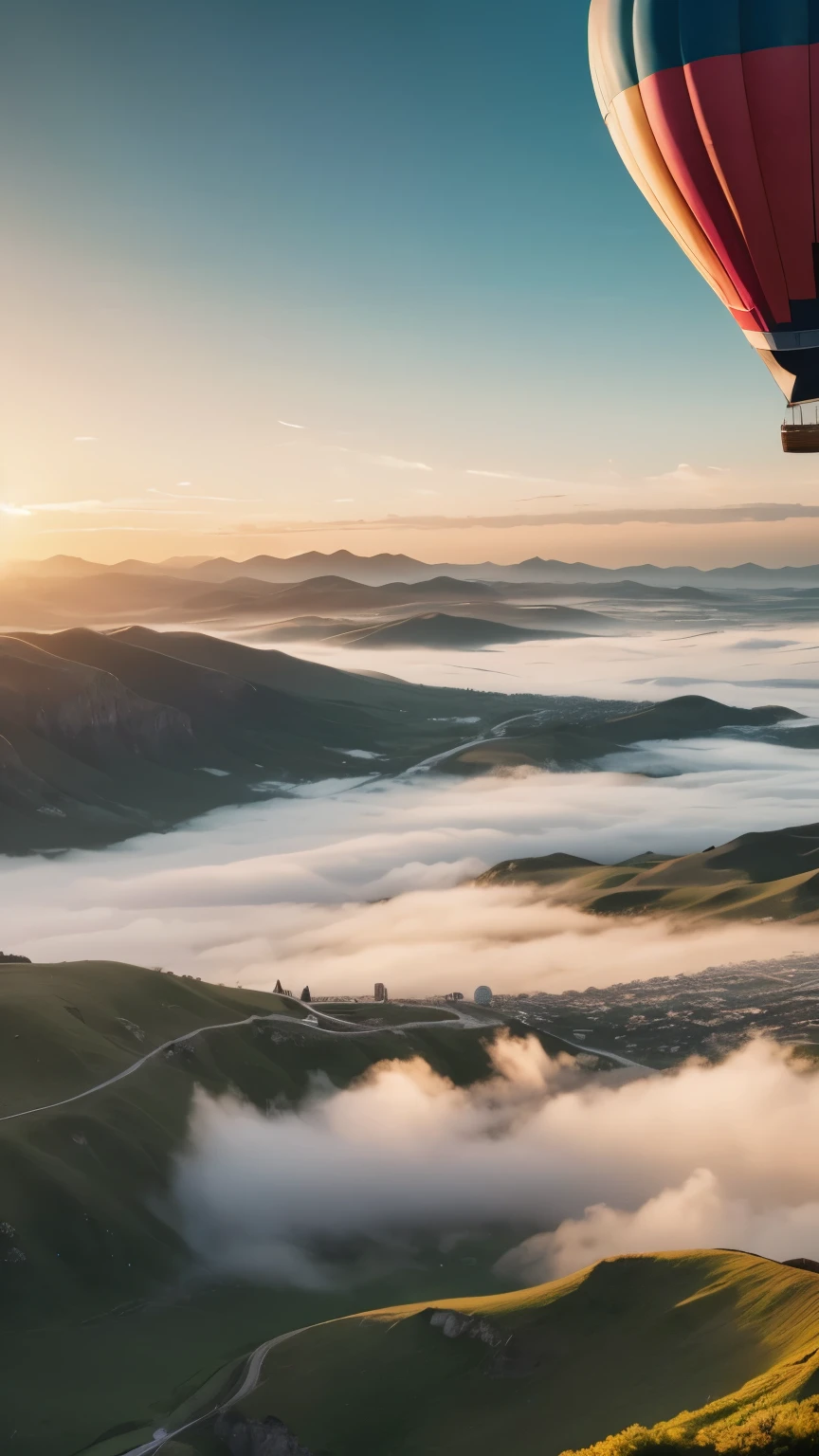 hot air balloons in the sky, stunning landscape, beautiful sunset, dramatic clouds, serene atmosphere, aerial scenic view, vibrant colors, photorealistic, digital art, cinematic lighting, highly detailed, 8K, masterpiece