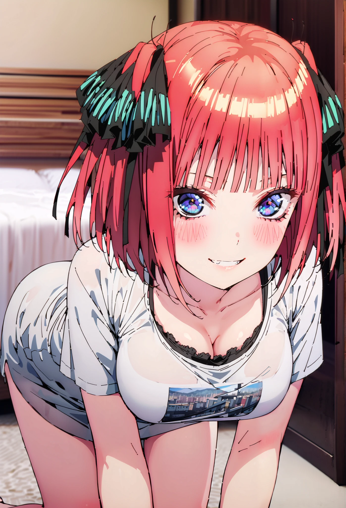 Nijino Nino , short hair, bangs, blue eyes, hair ornaments close to the garden, hair bow, pink hair, blunt bangs, two side up, butterfly hair ornaments close to the garden,smile,blush, grin ,black string panties,Big Breasts, Chest Valley, slouching forward, down blouse that shifts the chest, loose t-shirt ,Bare legs, Interior , beautiful scenery,morning,Jiebing,so that the whole body is in the illustration, break indoors, bedroom,
break looking at viewer,
break (masterpiece:1.2),Highest quality , kampala, Unity 8K Wallpaper ,(shape:0.8),( fine, beautiful eyes :1.6),It's a person , full body photo,CG Details , (perfect hands, complete anatomy),