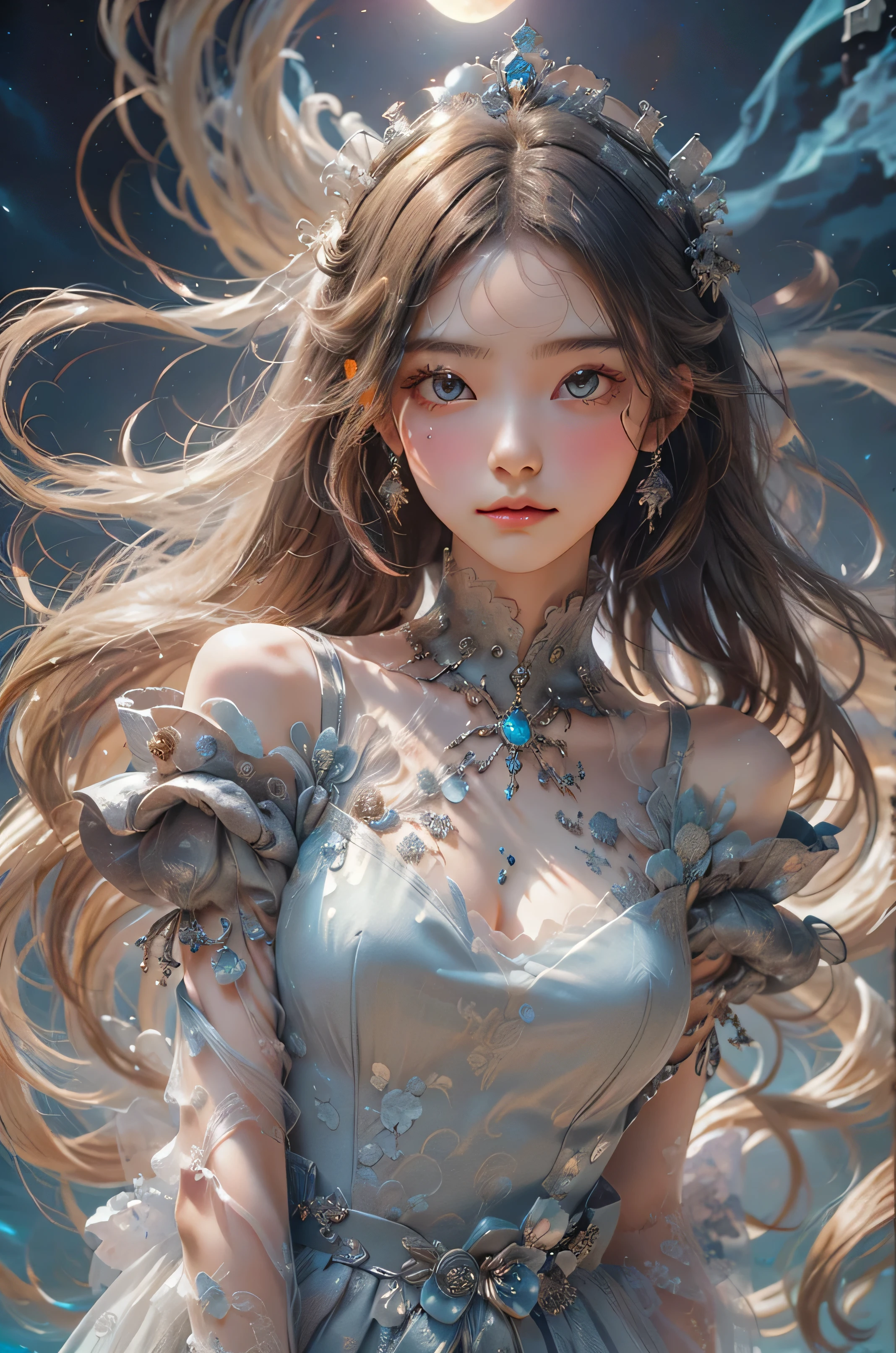 "(masterpiece: 1.3), 8K UHD resolution , Moon goddess of extraordinary beauty, smooth, Fascinating Movement (yellow eyes, very detailed, bioluminescence ):1.7 , blue bioluminescence body: 1.7. (flying, Floating body): 1.5. (Clouds floating around , Night Sky), kind, Elegant attitude, elegant and pure temperament . The hair is silky ( elegant silk dress , Delicate silver pattern , very detailed), (A beautiful crown , very detailed), moonlight creates a halo .High Resolution, anatomically correct, accurate, 最high quality, has won numerous awards, Details, High details, HD Model, high quality, quality, very detailed, , textured skin, ultra high definition,