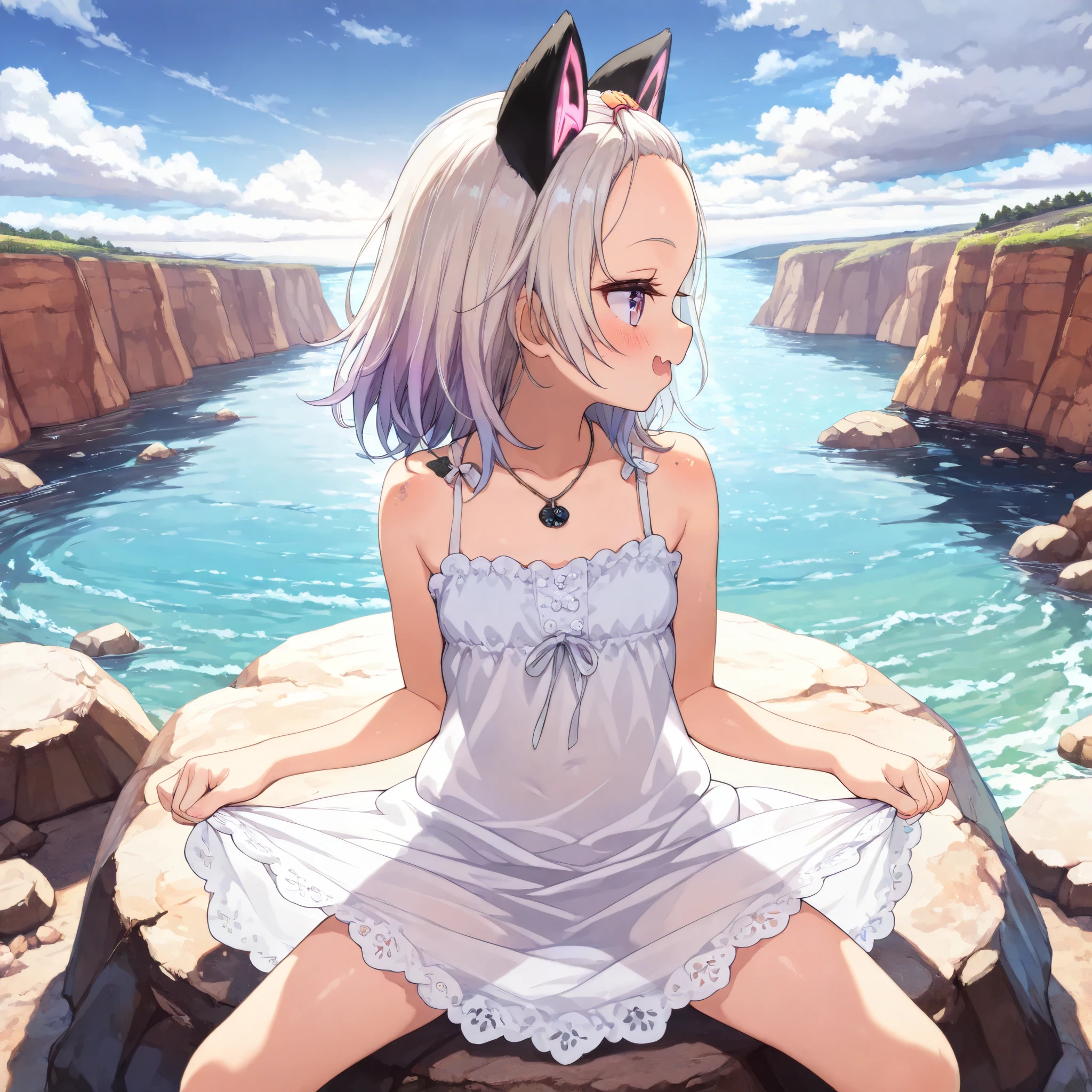 ((Masterpiece)), ((best quality)), (8K), (profile), (detailed background:1.2), (super detail:1.2),(High Definition:1.3), (Professional Photography:1.2), (very aesthetic:1.2), (absurdres:1.2), (sharp focus), ((1girl)), age Girl, (Textured skin, brown-skin), (pale purple eyes, gradient eyes, looking at side), (platinum-gold hair), (bangs pinned back, cute forehead), gradient hair, blue color Hair Tip, (medium hair), small breast, (Healthy Gaunt body), (open mouth wide, skin fang), seductive smile, blush, (cute cheeks), glossy lips, pouty lips, (lower eyelashes), tilt head, (put on cat ears), Beautiful collarbones, BREAK, (white long sundress, sleeveless sundress, lace trim, frills), ((lift the skirt and spread it out, lift by self)), (unconventional accessories, unconventional necklace), (slightly see-through silhouette), ((loose sitting on the rock, legs apart)), outside Landscape below the deep cliff at sunrise, outdoor, cloud of dust, summer day, morning glow, (Beautiful landscape),