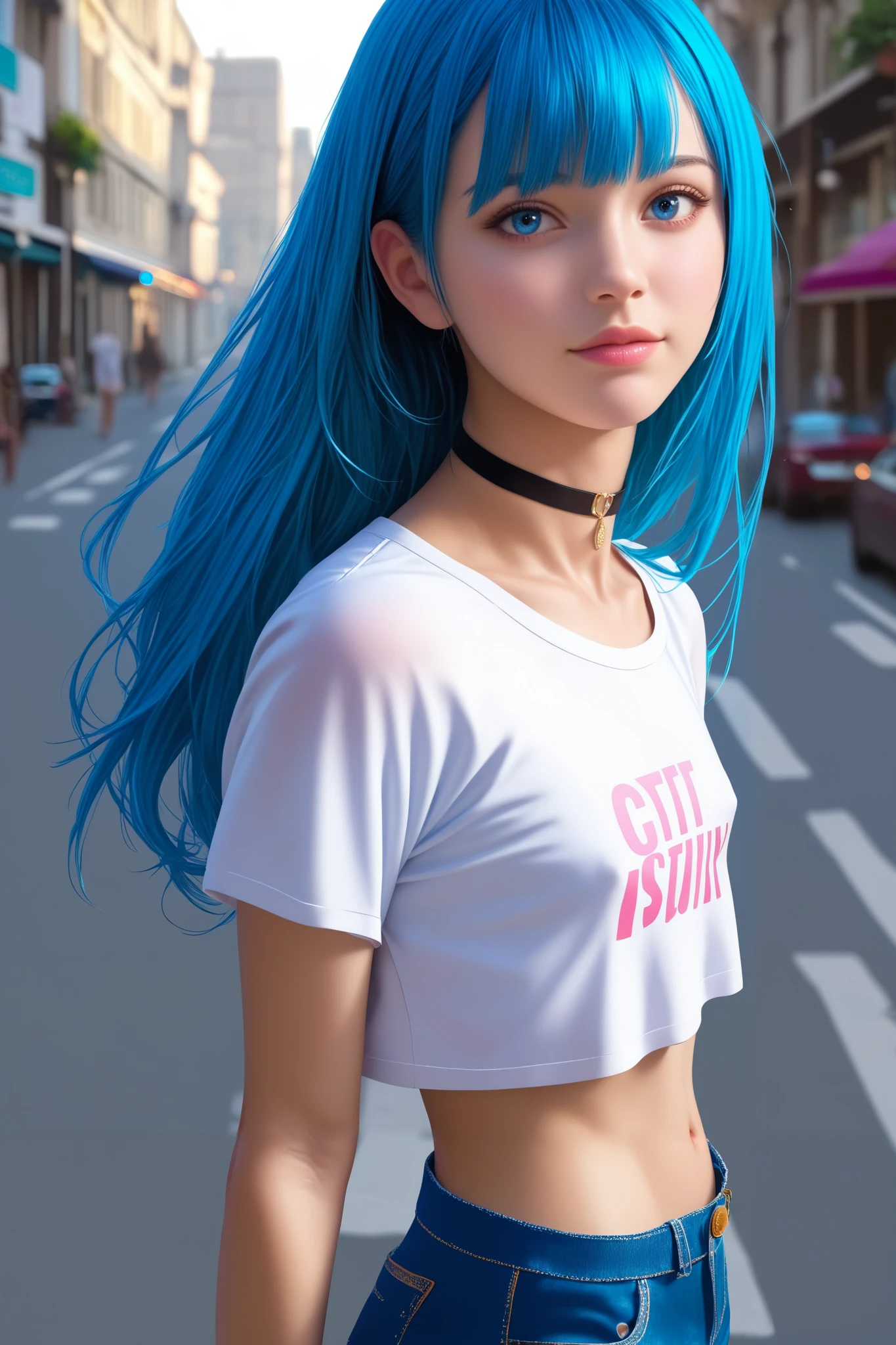 score_9, score_8_up, score_7_up, 1 girl,long  hair with bangs, blue eyes, flat chest, fitted v-neck cropped t-shirt, cropped shorts,  navel  , chocker, standing in the street,