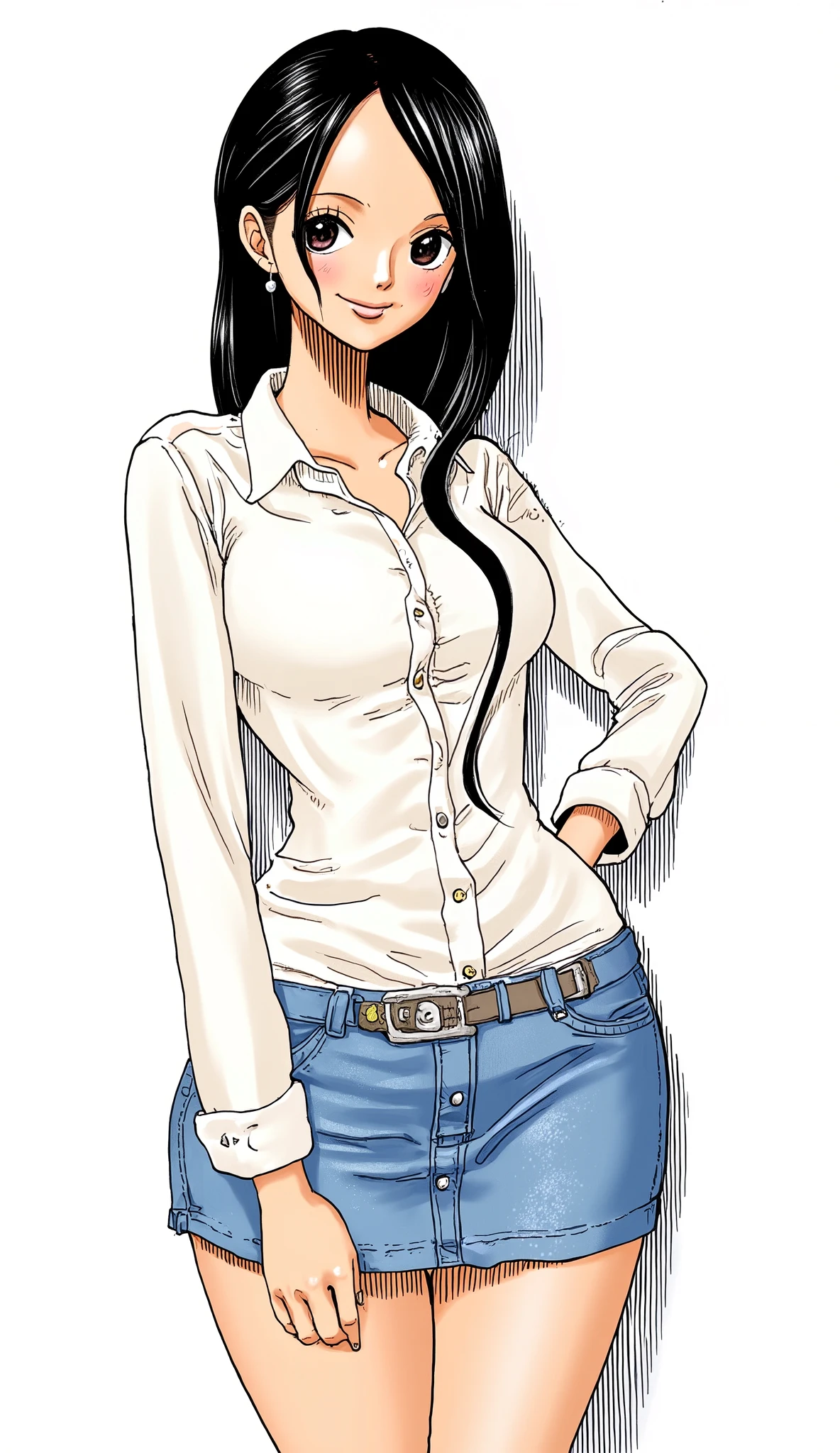 girl、background is stark white、on3pi3c3styl3、ground、pastel collar、Easy-to-read illustrations、 detailed hands、 Details、Perfect piece、HIGH QUALITY、32K、Alone、alone、 perfect eyes、detailed eyes、beautiful faces、HIGH QUALITYな顔、(full body:1.8)、( sexy、sex appeal、Alluring、Big Breasts:1.8)、cartoon dress character design、(perfect face:1.6)、(Beauty:1.8)、detailed illustration、Fine Lines、 nice smile、Portrait Photography、 cute illustrations、(Age 19、(black)hair、One side up hairstyle、 Hawaiian shirt 、denim miniskirt、Profession=grim Reaper)、 location=sea