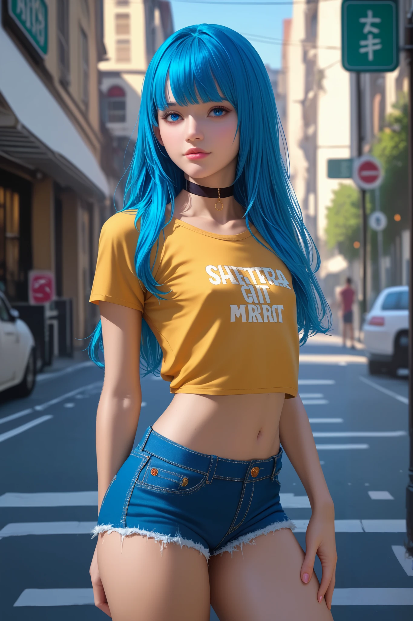 score_9, score_8_up, score_7_up, 1 girl,long hair with bangs, blue eyes, flat chest, fitted v-neck cropped t-shirt, cropped shorts, navel , chocker, standing in the street,
