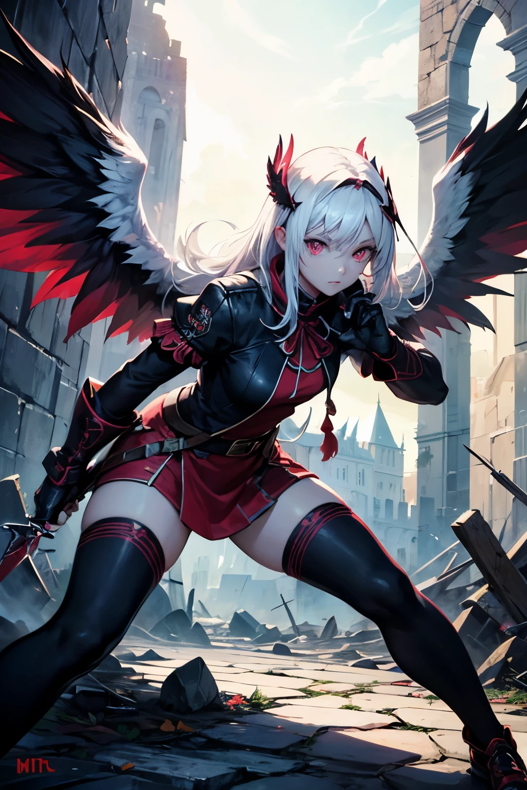 work of art, best qualityer, high resolution, ultra-detailed, masterpiece, assassin clothes, black clothes with red details, white hair, pink eyes, angel wings circlet, mitts, knee socks, holding two daggers, epic daggers, no mask, rogue, battle stance, solo leveling style, castle ruins
