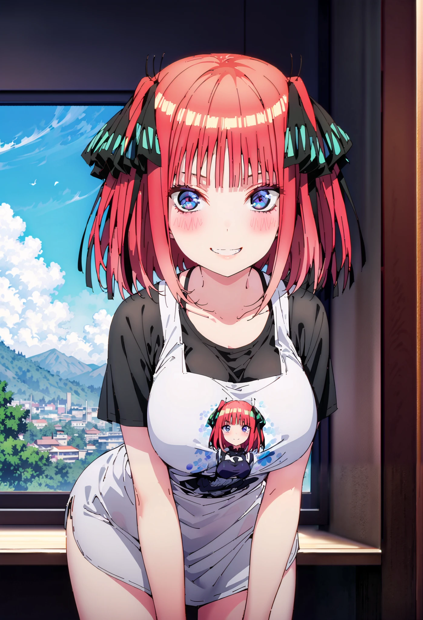 Nijino Nino , short hair, bangs, blue eyes, hair ornaments close to the garden, hair bow, pink hair, blunt bangs, two side up, butterfly hair ornaments close to the garden,smile,blush, grin ,black string panties,Big Breasts, Chest Valley, slouching forward, down blouse that shifts the chest, loose t-shirt ,Bare legs, Interior , beautiful scenery,morning,Jiebing,so that the whole body is in the illustration, break indoors, bedroom,
break looking at viewer,
break (masterpiece:1.2),Highest quality , kampala, Unity 8K Wallpaper ,(shape:0.8),( fine, beautiful eyes :1.6),It's a person , full body photo,CG Details , (perfect hands, complete anatomy),