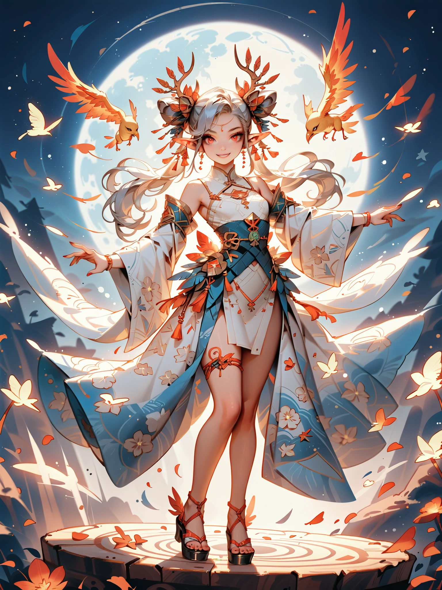 dynamic pose(Foldable Silk Fanを優雅に開き、dancing Japanese dance)、(Aerial Creature Summoning、Revolving Flight、One Phoenix)、young age beauty(A deep smile,Gray Hair, elf ears,slender figure,supple and curved proportions that glow in Prism School's rainbow colors)A large amount of rainbow-colored particles swirl around the center。
(Foldable Silk Fan)、(Summon Gorgeous Gold Thread Embroidered Cherry Blossoms and Auspicious Patterns、The finest red silk kimono、)Gold-embellished hairpin、Sandals。
Weeping cherry blossoms 、Cherry blossom petals soar in large numbers,Jet black night sky 、starry sky。
An anime picture that looks like it was drawn by a top illustrator。