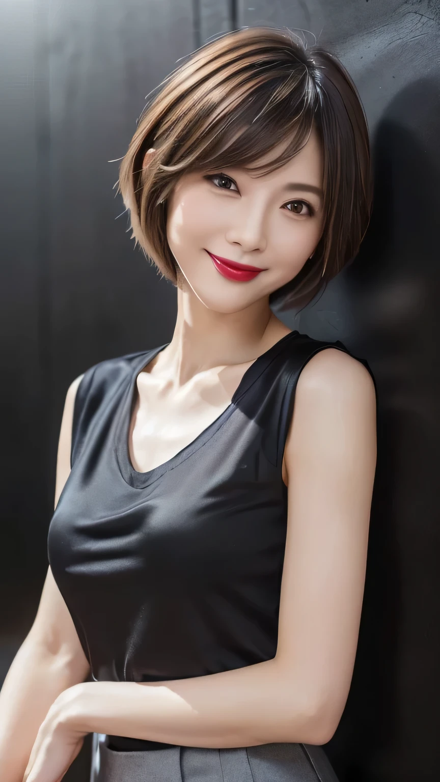 very detailed, masterpiece , Highest quality , (( Photorealistic:1.4)), ((slender body:1.4))、((()))、(Super slim body:1.4)、 40 year old Japanese woman , detailed faces , Detailed Eyes 、((makeup、lipstick)) 、(( Chest Valley)), ( slim, toned and beautiful body:1.3)、(( light beige hair、pixie cut、Cecil Cut、 asymmetry、Messy Hair:1.2、 super short hair 、Volume Hair)), graceful and sophisticated 、goddess、((from waist to head with camera))、((black elegant silk skirt))、(( black t-shirt))、((staring at the camera、fresh smile))、((professional cool lighting:1.4))、 standing、((simple dark concrete wall:1.3))