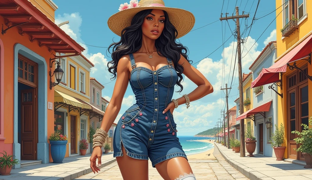 Photo of perfect and realistic black woman with perfect and detailed face, afro hair and sexy look, western black eyes, looking at the cell phone, showing the whole body and the ass well detailed, in the beach