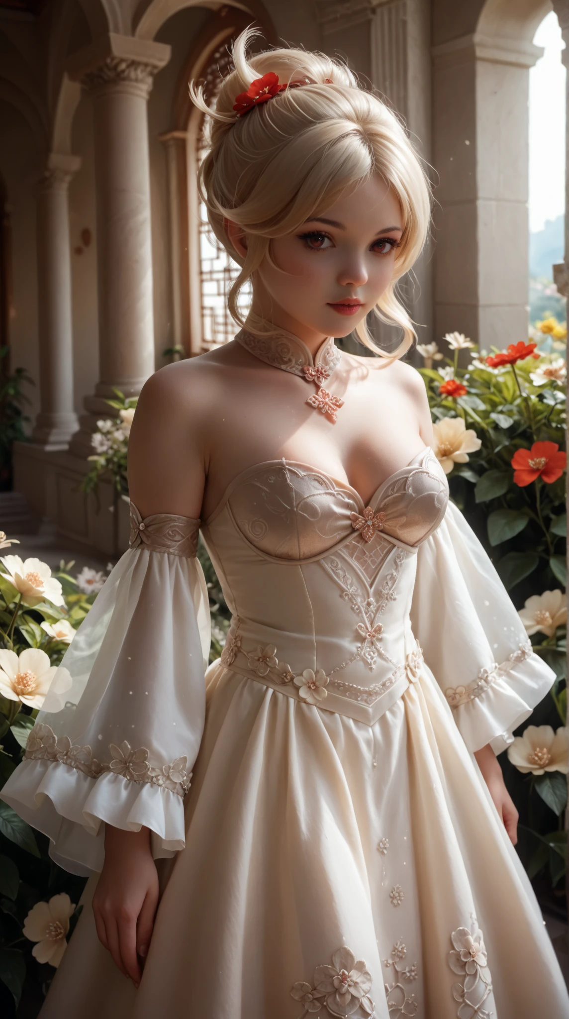 a female albino dragon furry with curly blonde hair, attractive, slender, beautiful, dark brown eyes, wearing a white Victorian dress with a neckline with yellow cords, enchanted forest setting with a castle