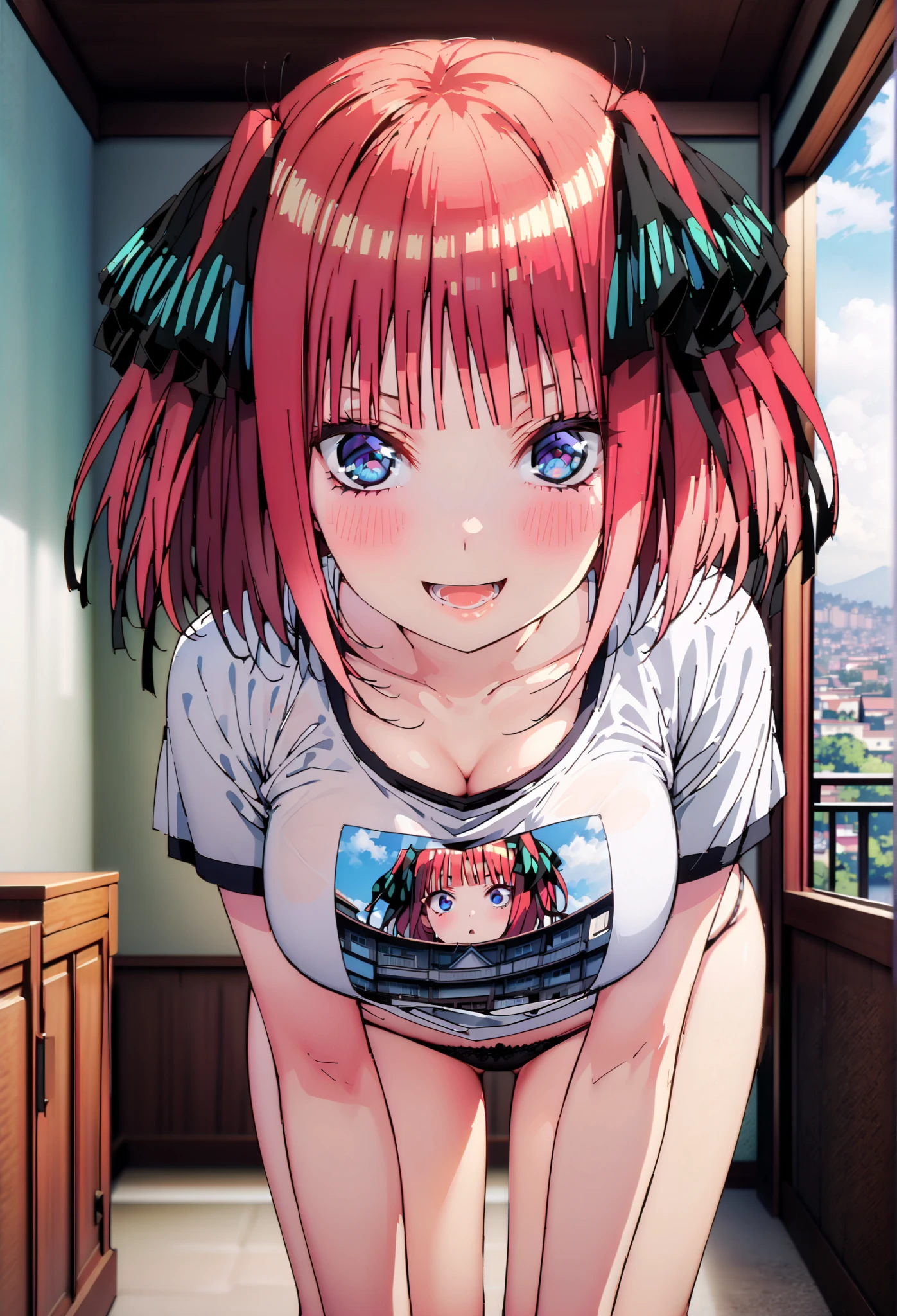 Nijino Nino , short hair, bangs, blue eyes, hair ornaments close to the garden, hair bow, pink hair, blunt bangs, two side up, butterfly hair ornaments close to the garden,smile,blush,opens her mouth,black string panties,Big Breasts, Chest Valley, slouching forward, down blouse that shifts the chest, loose t-shirt ,Bare legs, Interior , beautiful scenery,morning,Jiebing,so that the whole body is in the illustration, break indoors, bedroom,
break looking at viewer,
break (masterpiece:1.2),Highest quality , kampala, Unity 8K Wallpaper ,(shape:0.8),( fine, beautiful eyes :1.6),It's a person , full body photo,CG Details , (perfect hands, complete anatomy),