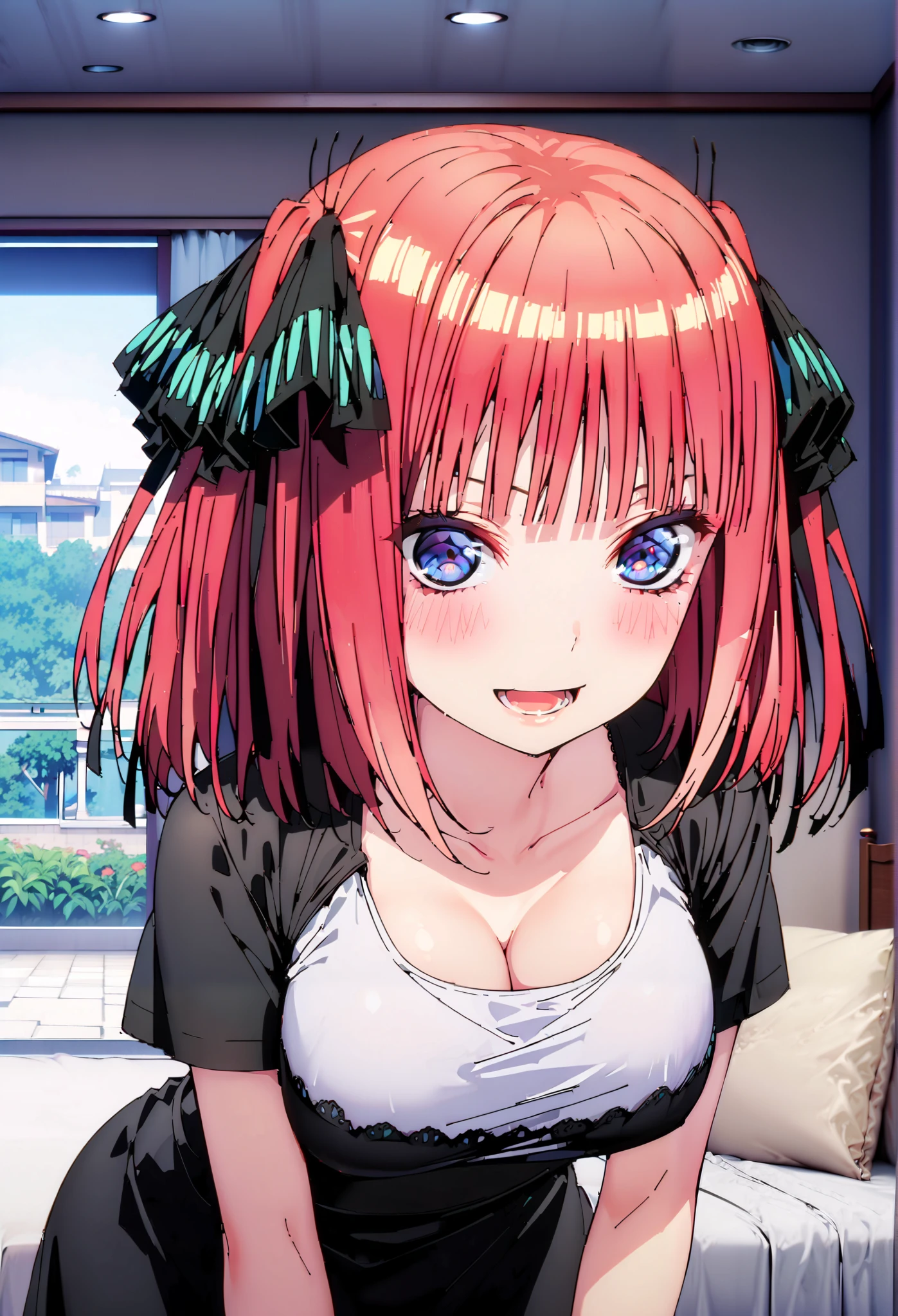 Nijino Nino , short hair, bangs, blue eyes, hair ornaments close to the garden, hair bow, pink hair, blunt bangs, two side up, butterfly hair ornaments close to the garden,smile,blush,opens her mouth,black string panties,Big Breasts, Chest Valley, slouching forward, down blouse that shifts the chest, loose t-shirt ,Bare legs, Interior , beautiful scenery,morning,Jiebing,so that the whole body is in the illustration, break indoors, bedroom,
break looking at viewer,
break (masterpiece:1.2),Highest quality , kampala, Unity 8K Wallpaper ,(shape:0.8),( fine, beautiful eyes :1.6),It's a person , full body photo,CG Details , (perfect hands, complete anatomy),