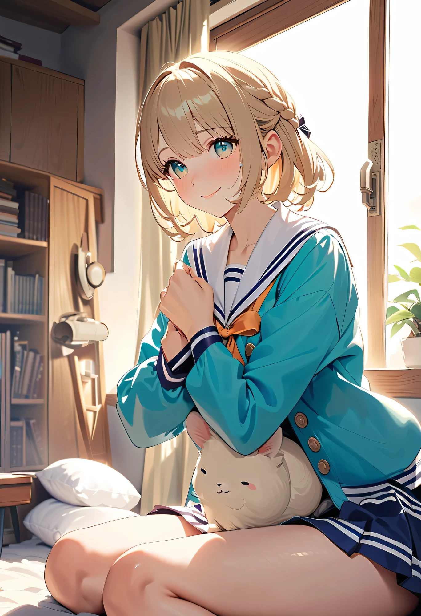 Highest quality、High Resolution、(high image quality:1.4)、masterpiece、detailed background、(highly detailed face:1.3)、detailed eyes、age beauty、 huge breasts、anatomically correct、perfect body line、Bright-colored hair、ponytail、 braided bob cut 、
in a quiet classroom after school 。The sunset shining through the window stretches the shadows of the two sailor suits for a long time、
one is a girl、(just the two of them in the world:1.5)、
the other is a tall girl、(choose a calm color such as beige or light blue:1.5)、
「...、That's because it's fine」
「yeah... thank you...」
the scent of shampoo that spreads softly、and their heartbeats quietly overlap、
with a slightly crying face like、
I don't want to leave anymore、half up with a ribbon、
sailor suit、sailor color、gently stroking your friend's back while smiling gently、the sunset shining through the window stretches the shadow of their sailor suits for a long time {x} wear a cute flared skirt with a thin cardigan with pearl buttons、clinging to their partner's chest Gently apply strength to your hugging arms、they wear tights or cute socks underneath、the scent of shampoo that spreads softly、very beautiful