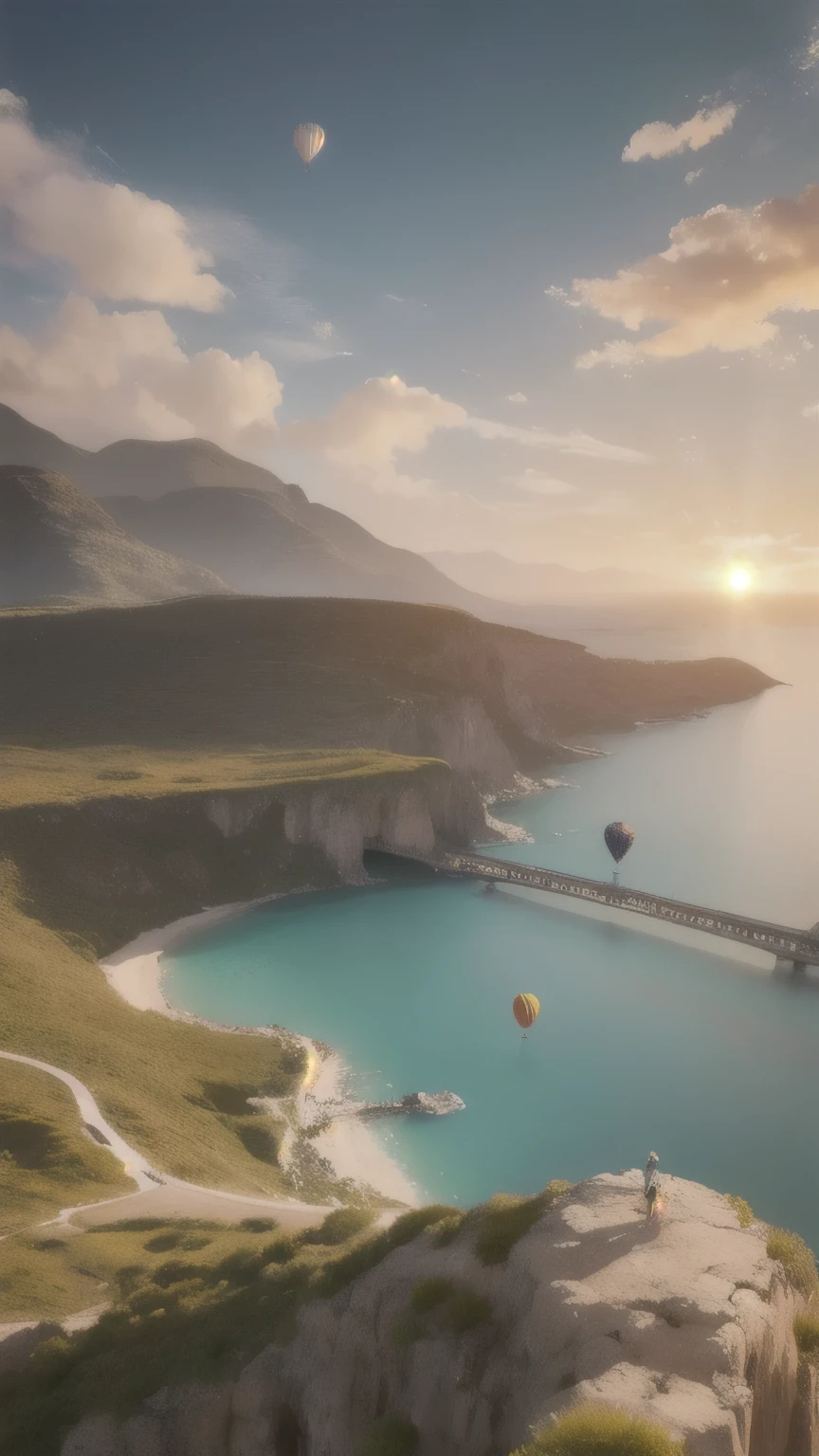 hot air balloons in the sky, stunning landscape, beautiful sunset, dramatic clouds, serene atmosphere, aerial scenic view, vibrant colors, photorealistic, digital art, cinematic lighting, highly detailed, 8K, masterpiece