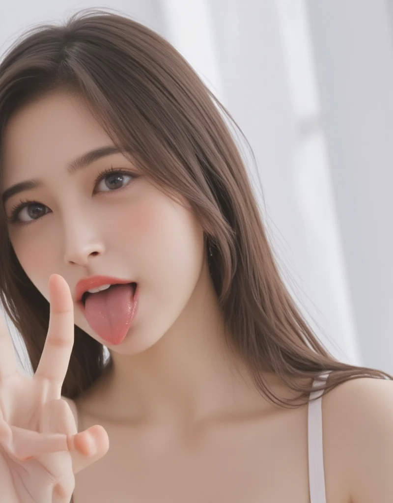 Emery Ratajkowski,Roll your eyes, stick out your tongue, long tongue, dribbling, , retina, textured skin, Anatomically correct, Highly detailed, High quality, ((dark eyes,black eyes)),Very beautiful face and eyes, Big eyes, 1 female、Actual skin type,The pores are visible.,Maid cafe