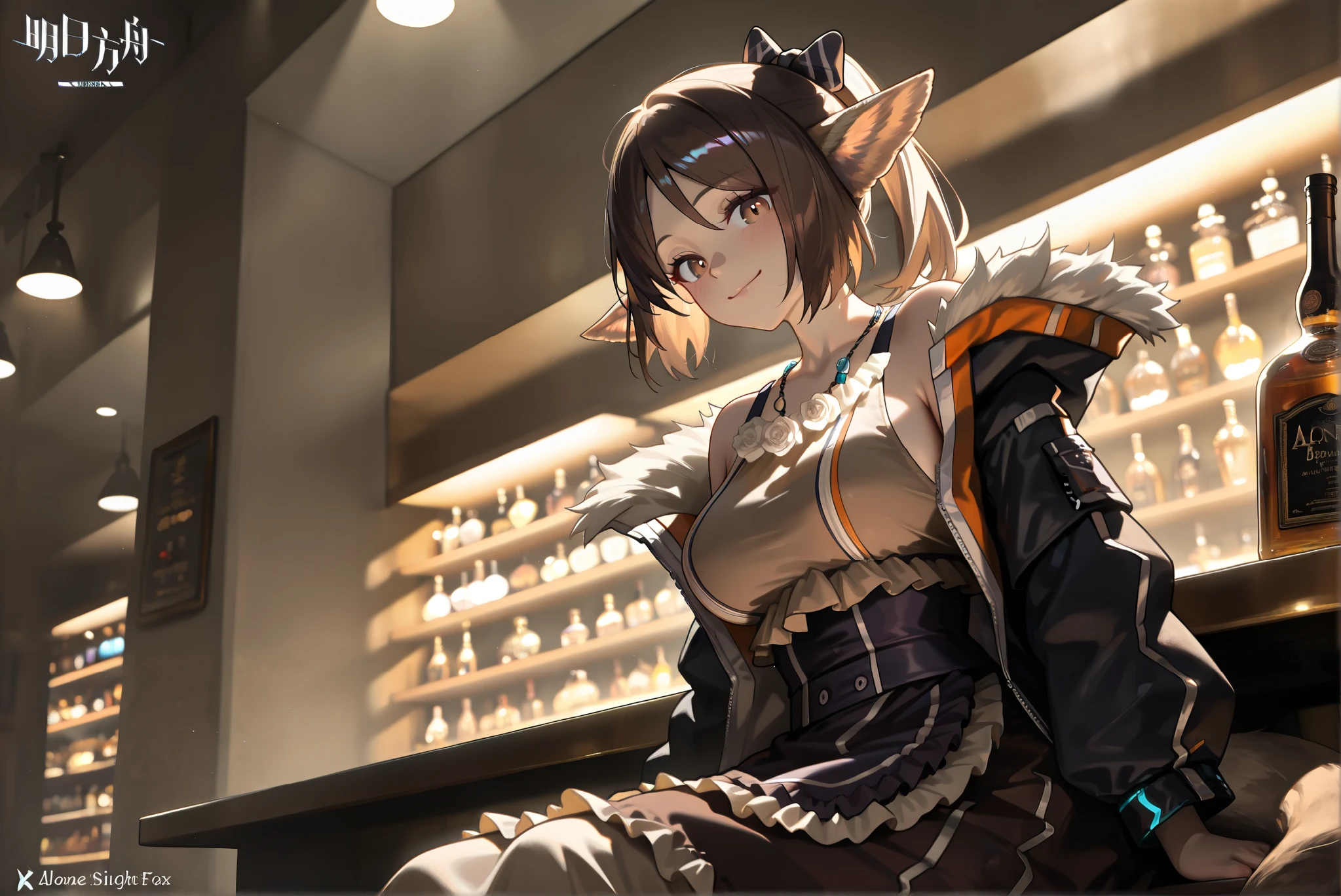 female,(((alone)))fox tail。looking at viewer, brown dress,,((Perfumer)),((Perfumer_\(arknights\))), Perfumer_\(arknights\)。tiny boobs。
,( beautiful eyes:1.5),smile,,Photorealistic Background,Bar counter, is sitting, best quality, amazing quality, very aesthetic, , (masterpiece, best quality, hires:1.1),(detailed background),(Hard Light, cinematic , Hard shadows, ambient occlussion:1.1), (illustration:1.1), (perfect details:1.1), (( Big City Streetscapes)) (neon )(wine)(Night bar)(8 K, wallpaper,masterpiece,a high resolution,top-quality,top-quality real texture skin,hyperrealistic, increase resolution,RаW photos,,very detailed,wallpaper,cinematic lighting,Ray tracing,Golden ratio\),Dynamic angle,