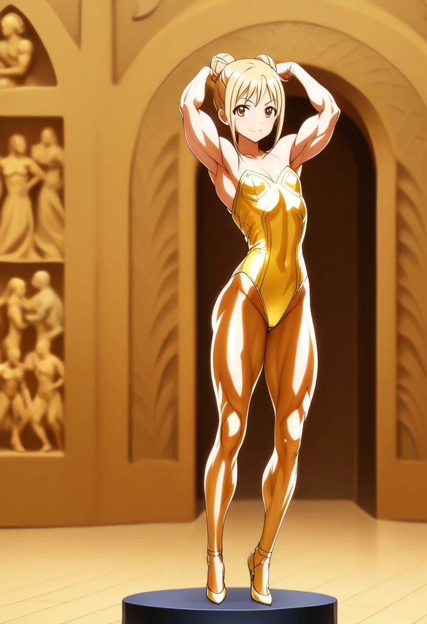 1girl, solo, official style, young girl, children, Yui, Sao, sword_art_online, blonde hair, high hair bun, single hair bun, ballerina bun, forehead, board forehead, makeup, gold face, brown eyes, (metallic skin _1.5), (gold skin_3.0), bodypaint, shiny skin, body shiny, glowing skin, goldcarvingcd, SlightMuscle, Bulky, Bodybuilder, Hypermuscle, alternate muscle size, leotard, gold leotard, highleg, clothing cutout, stomach cutout, looking at viewer, smile, closed mouth, full body, from above, standing, from side, bare shoulder, barefoot, pose, arms up, double biceps pose, flexing, indoors, museum, building, light,