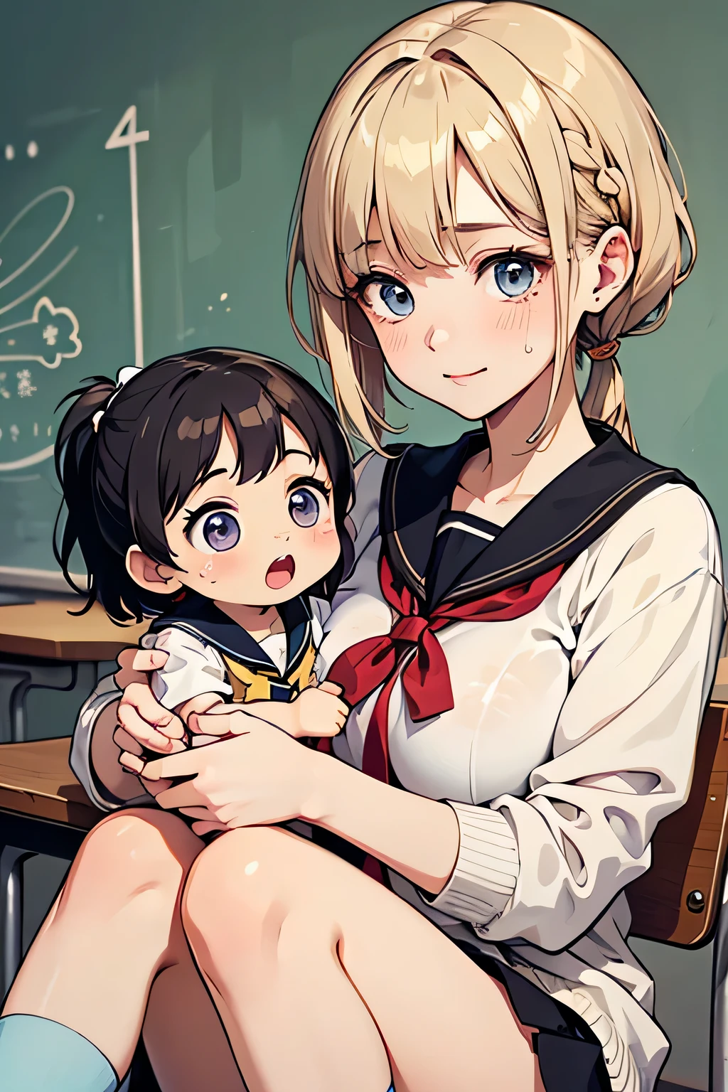 Highest quality、High Resolution、(high image quality:1.4)、masterpiece、detailed background、(highly detailed face:1.3)、(detailed eyes:1.3)、age beauty、( huge breasts:1.3)、(Normal number of fingers:1.3)、anatomically correct、perfect body line、Bright-colored hair、ponytail、 braided bob cut 、 in a quiet classroom after school 。The sunset shining through the window stretches the shadows of the two sailor suits for a long time、one is a girl、(just the two of them in the world:1.5)、the other is a tall girl、(choose a calm color such as beige or light blue:1.5)、
「...、That's because it's fine」
「yeah... thank you...」
the scent of shampoo that spreads softly、and their heartbeats quietly overlap、with a slightly crying face like、I don't want to leave anymore、half up with a ribbon、sailor suit、sailor color、gently stroking your friend's back while smiling gently、Sheer cardigan with pearl buttons、they wear tights or cute socks underneath、the scent of shampoo that spreads softly、very beautiful