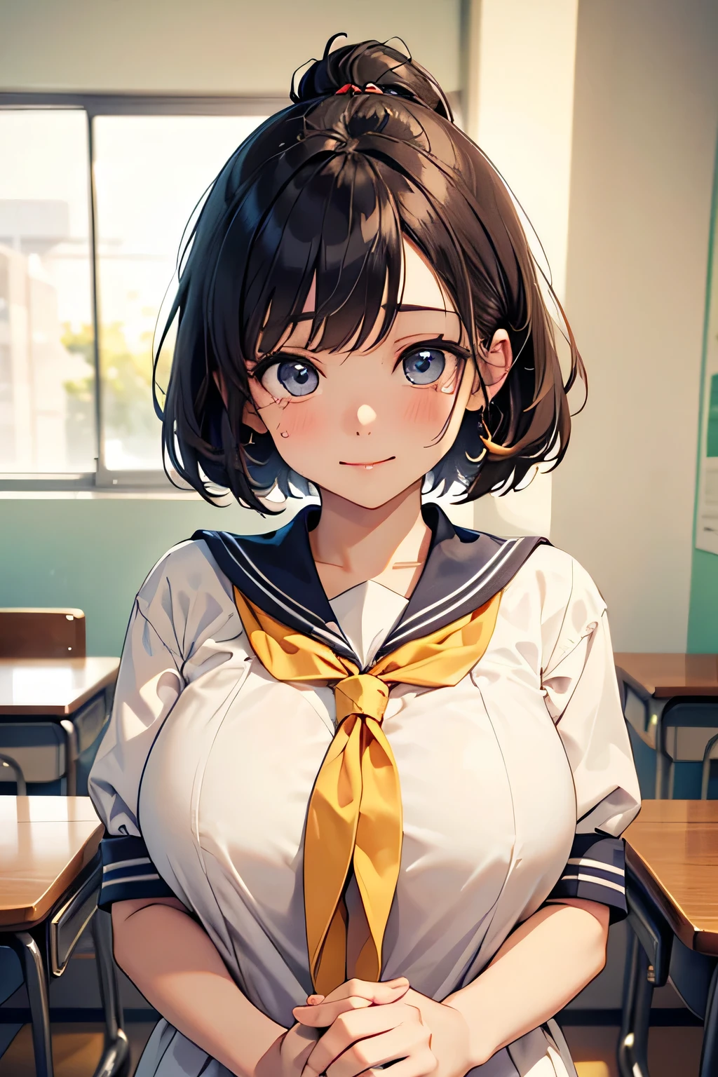 Highest quality、High Resolution、(high image quality:1.4)、masterpiece、detailed background、(highly detailed face:1.3)、(detailed eyes:1.3)、age beauty、( huge breasts:1.3)、(Normal number of fingers:1.3)、anatomically correct、perfect body line、Bright-colored hair、ponytail、 braided bob cut 、 in a quiet classroom after school 。The sunset shining through the window stretches the shadows of the two sailor suits for a long time、one is a small girl、(just the two of them in the world:1.5)、the other is a tall girl、(choose a calm color such as beige or light blue:1.5)、
「...、That's because it's fine」
「yeah... thank you...」
the scent of shampoo that spreads softly、and their heartbeats quietly overlap、with a slightly crying face like、So much so that it conveys that feeling that I don't want to let go、sailor suit、sailor color、gently stroking your friend's back while smiling gently、they wear tights or cute socks underneath、the scent of shampoo that spreads softly、very beautiful