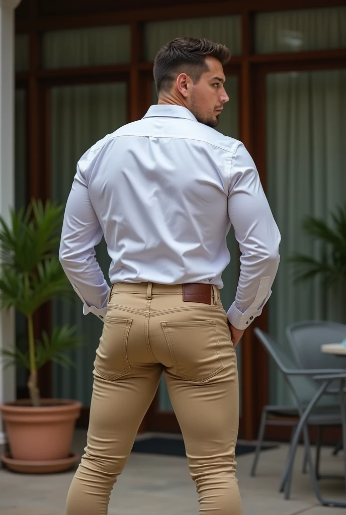 age 60, white man police detective with a mature, backside, kind demeanor, strong and muscular yet chubby build, mustache, wearing dress pants and a buttoned-open translucent shirt that reveals a hairy chest and a noticeable bulge, wearing detective badge on belt, giving off a hint of a horny yet disgusting aura, completing the look with comfortable loafers. Shirtless backside ((big butt)) silver trouser backside (bent over)