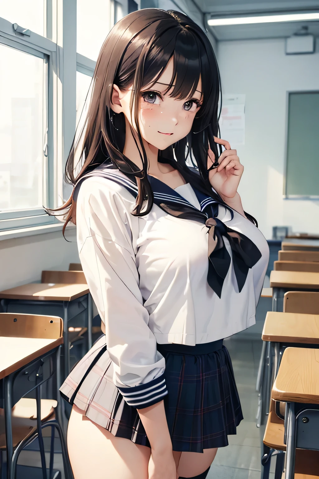 Highest quality、High Resolution、(high image quality:1.4)、masterpiece、detailed background、(highly detailed face:1.4)、(detailed eyes:1.2)、age beauty、( huge breasts:1.3)、(Normal number of fingers)、anatomically correct、perfect body line、Bright-colored hair、 in a quiet classroom after school 、(The sunset shining through the window stretches the shadows of the two sailor suits for a long time:1.5)、one is a girl、(just the two of them in the world:1.5)、the other is a tall girl、(choose a calm color such as beige or light blue:1.5)、
「...、That's because it's fine」
「yeah... thank you...」
the scent of shampoo that spreads softly、and their heartbeats quietly overlap、with a slightly crying face like、So much so that it conveys that feeling that I don't want to let go、sailor suit、plaid skirt、white stockings、the scent of shampoo that spreads softly、cute